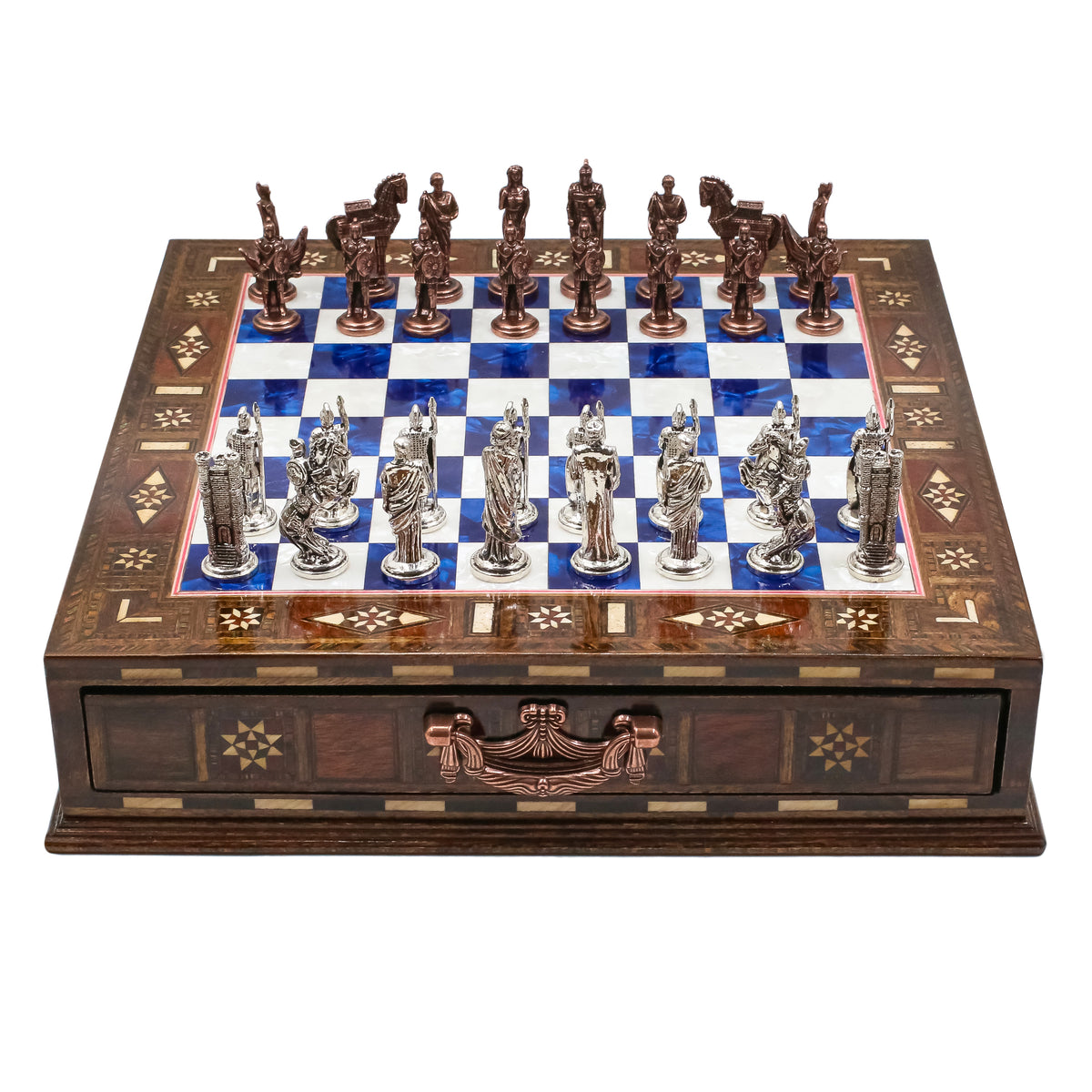 Handmade Inlay Chess Set with Drawer Storage 30 CM (12") - Die Cast Vintage Metal Pieces | Troy War Themed