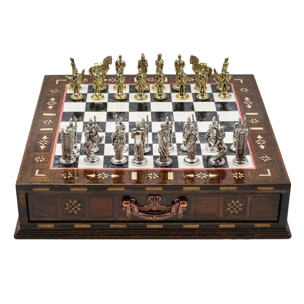 Handmade Inlay Chess Set with Drawer Storage 30 CM (12") - Die Cast Metal Pieces | Troy War Themed