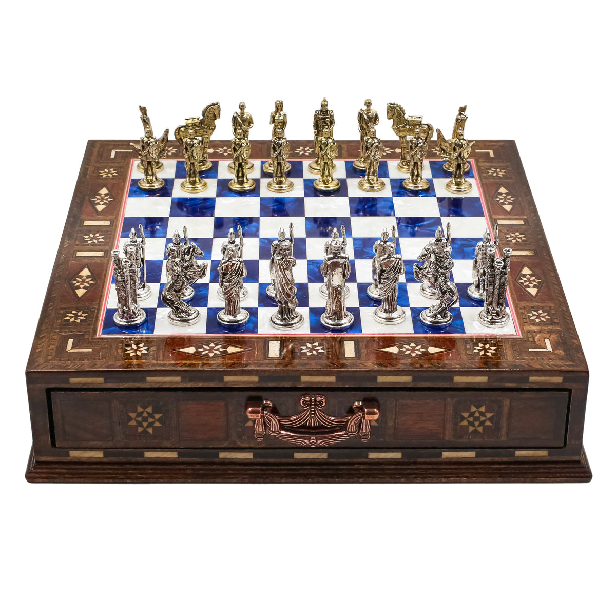Handmade Inlay Chess Set with Drawer Storage 30 CM (12") - Die Cast Metal Pieces | Troy War Themed