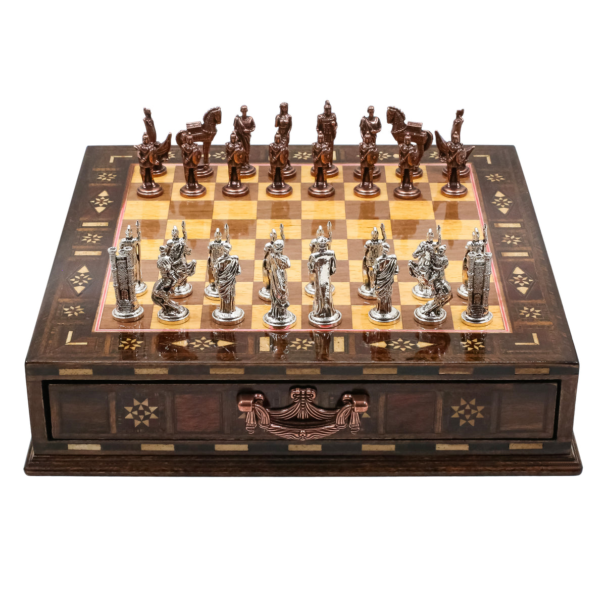 Handmade Inlay Chess Set with Drawer Storage 30 CM (12") - Die Cast Vintage Metal Pieces | Troy War Themed