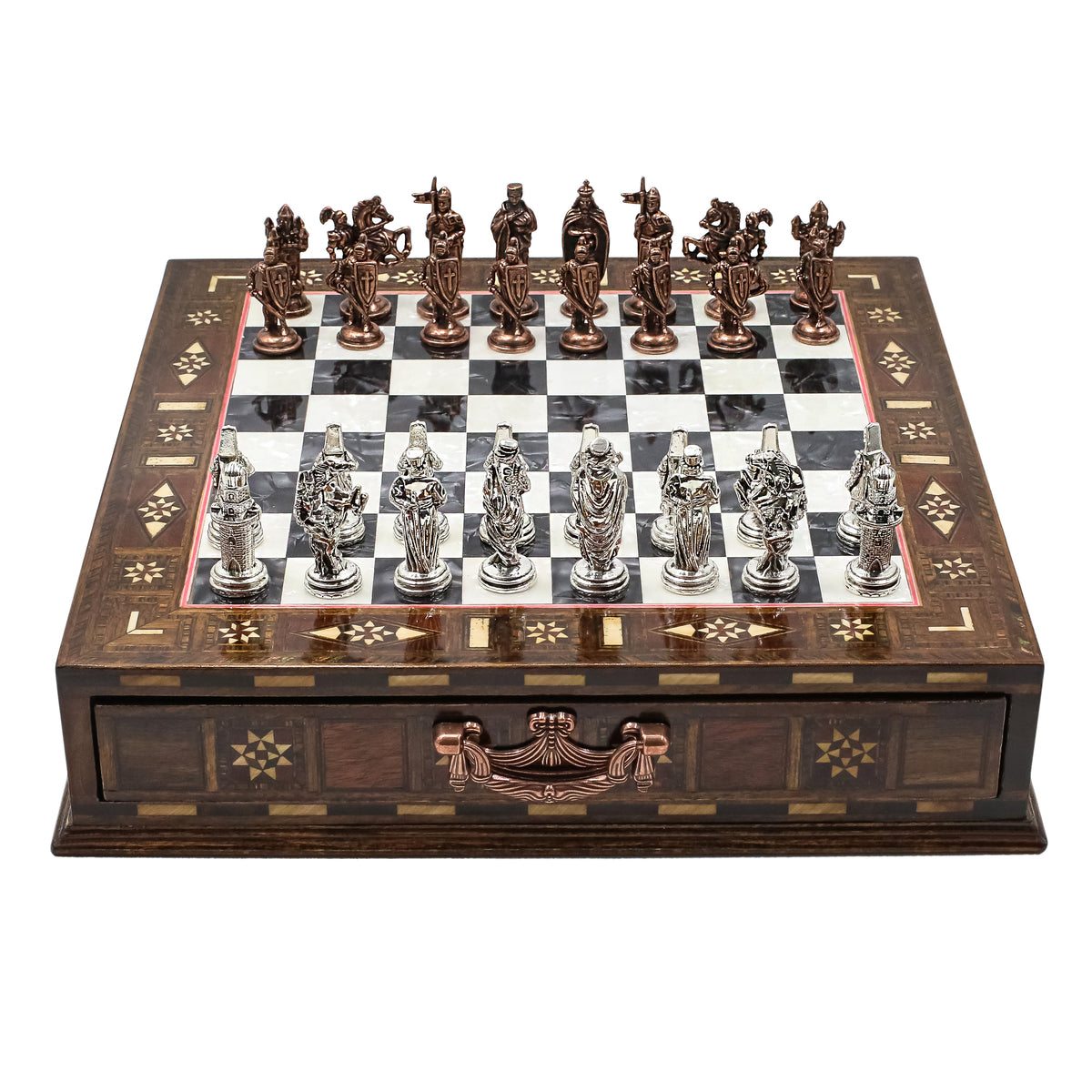 Handmade Inlay Chess Set with Drawer Storage 30 CM (12") - Die Cast Vintage Metal Pieces | Ottoman vs Byzantine War Themed
