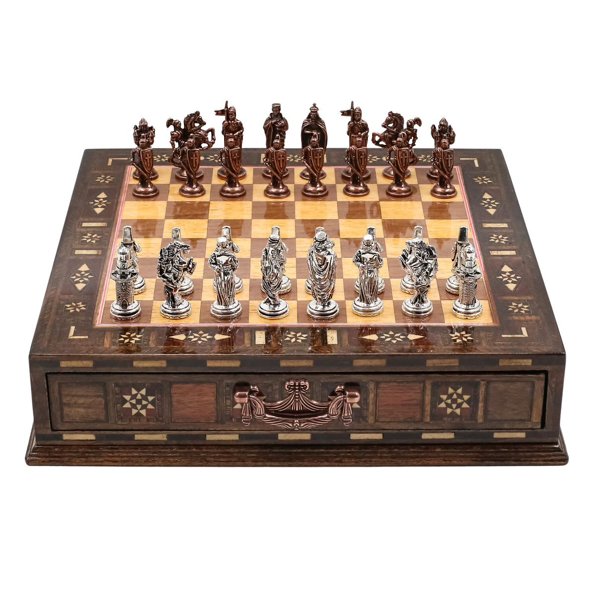 Handmade Inlay Chess Set with Drawer Storage 30 CM (12") - Die Cast Vintage Metal Pieces | Ottoman vs Byzantine War Themed