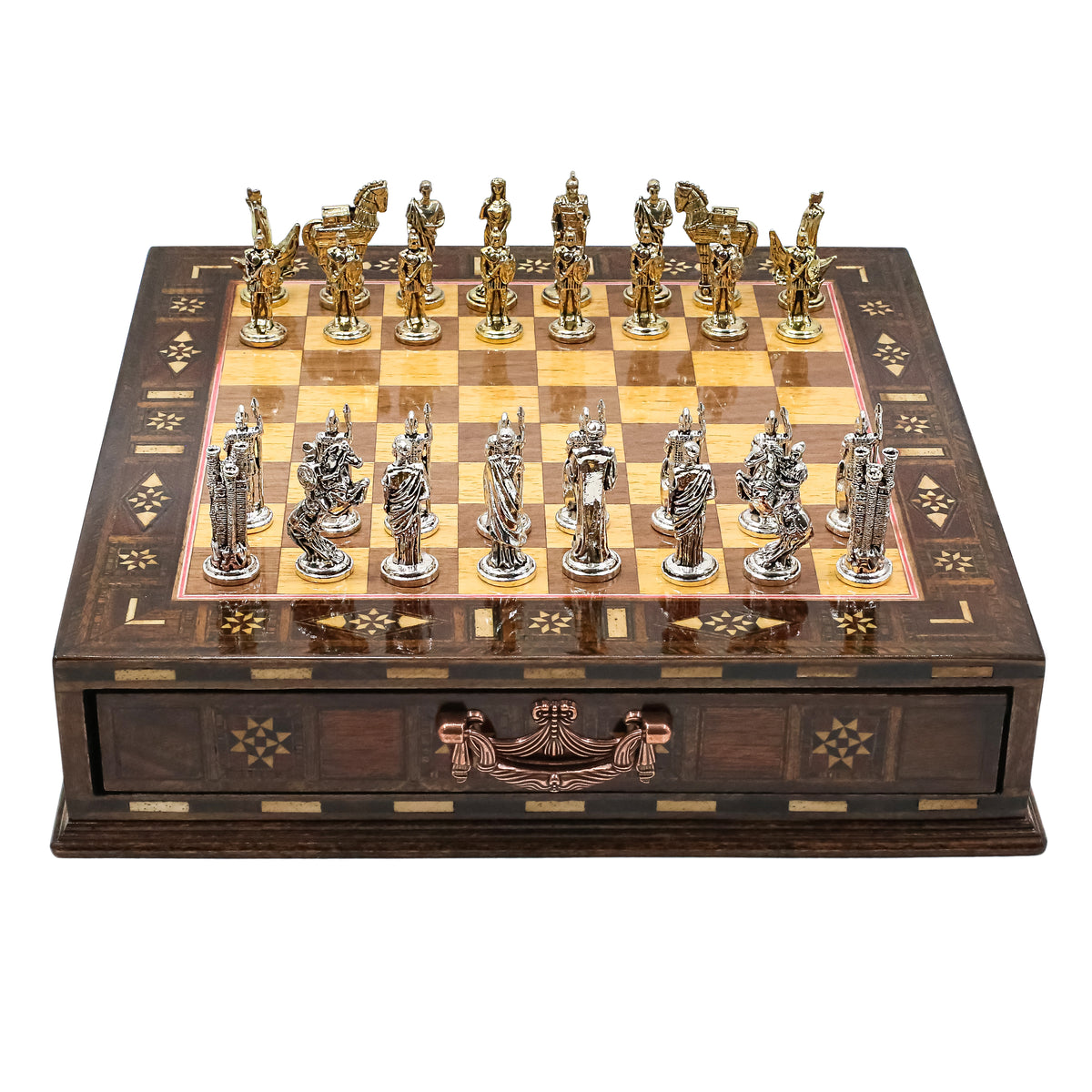 Handmade Inlay Chess Set with Drawer Storage 30 CM (12") - Die Cast Metal Pieces | Troy War Themed