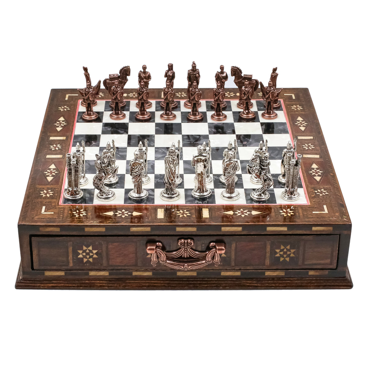 Handmade Inlay Chess Set with Drawer Storage 30 CM (12") - Die Cast Vintage Metal Pieces | Troy War Themed