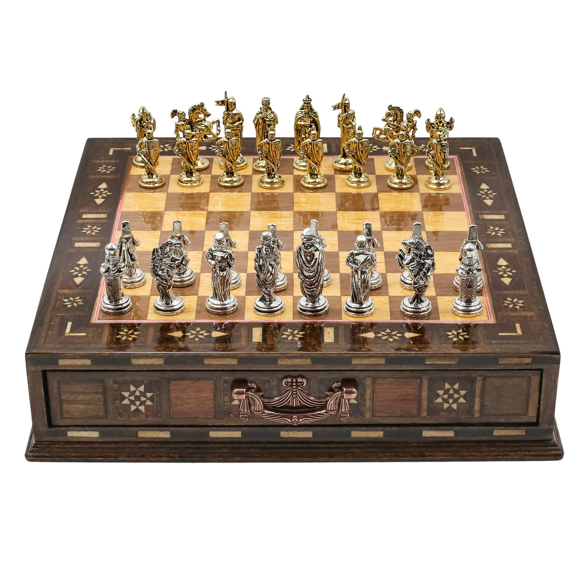 Handmade Inlay Chess Set with Drawer Storage 30 CM (12") - Die Cast Metal Pieces | Ottoman vs Byzantine War Themed