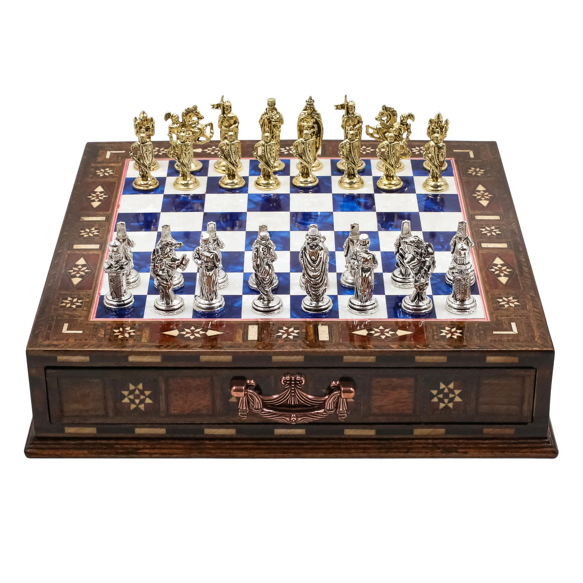 Handmade Inlay Chess Set with Drawer Storage 30 CM (12") - Die Cast Metal Pieces | Ottoman vs Byzantine War Themed