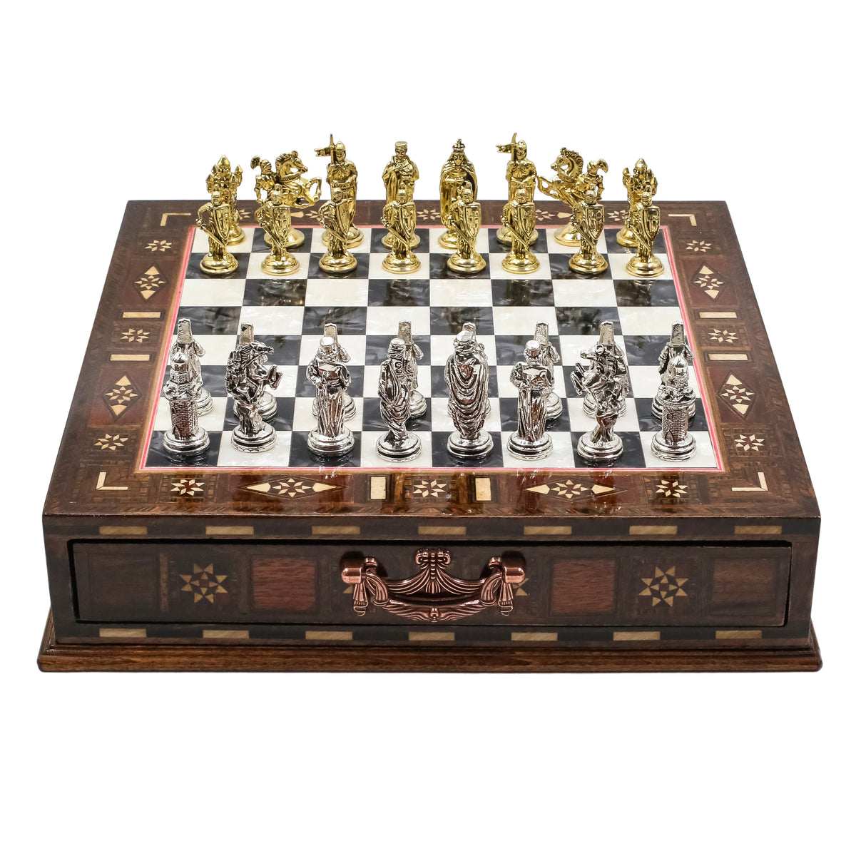 Handmade Inlay Chess Set with Drawer Storage 30 CM (12") - Die Cast Metal Pieces | Ottoman vs Byzantine War Themed