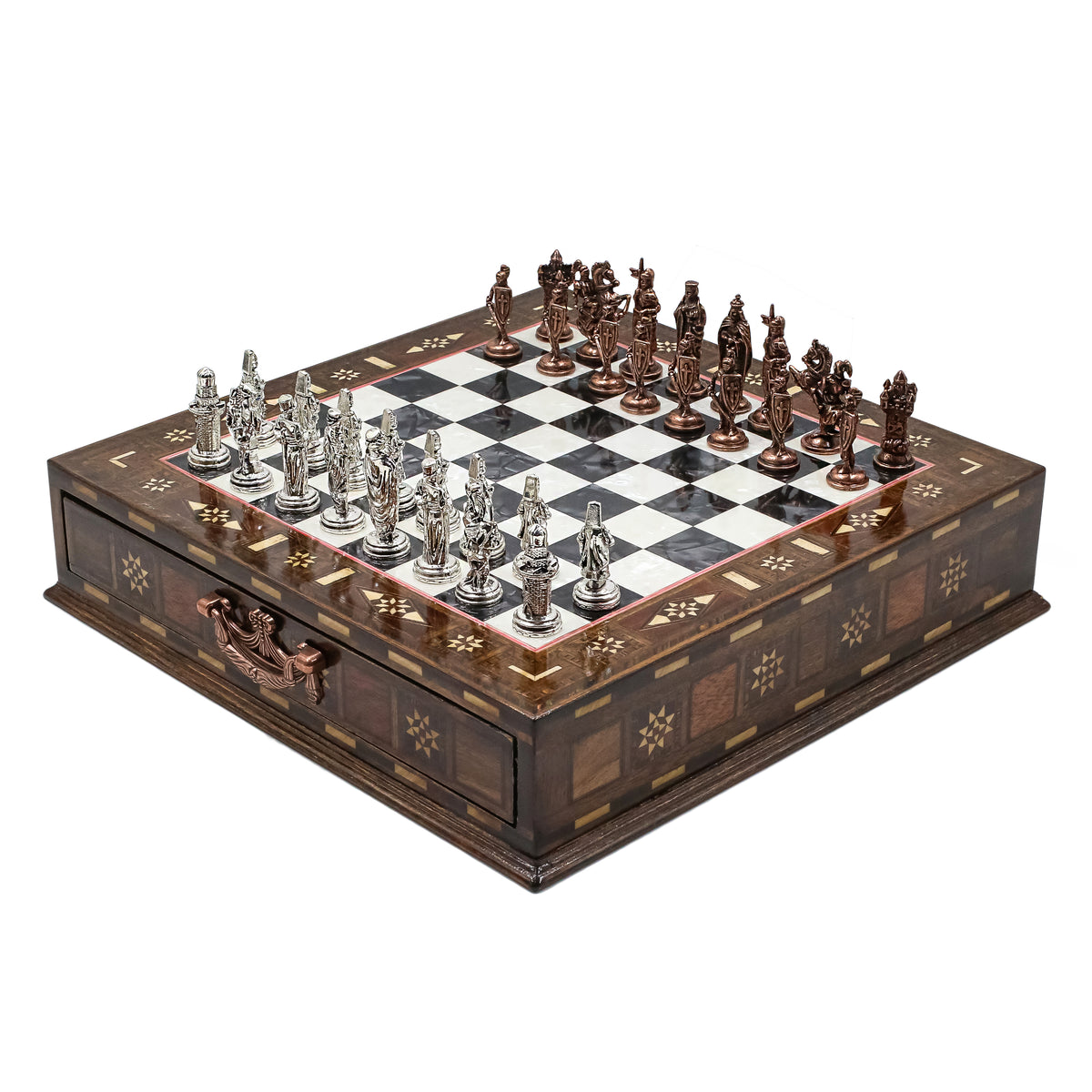 Handmade Inlay Chess Set with Drawer Storage 30 CM (12") - Die Cast Vintage Metal Pieces | Ottoman vs Byzantine War Themed
