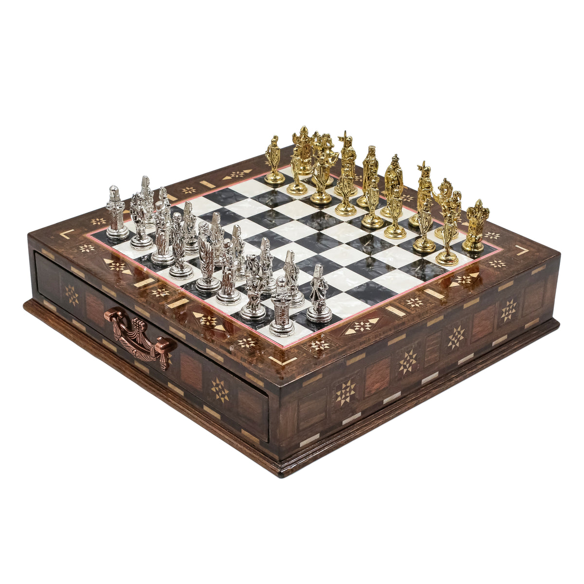 Handmade Inlay Chess Set with Drawer Storage 30 CM (12") - Die Cast Metal Pieces | Ottoman vs Byzantine War Themed