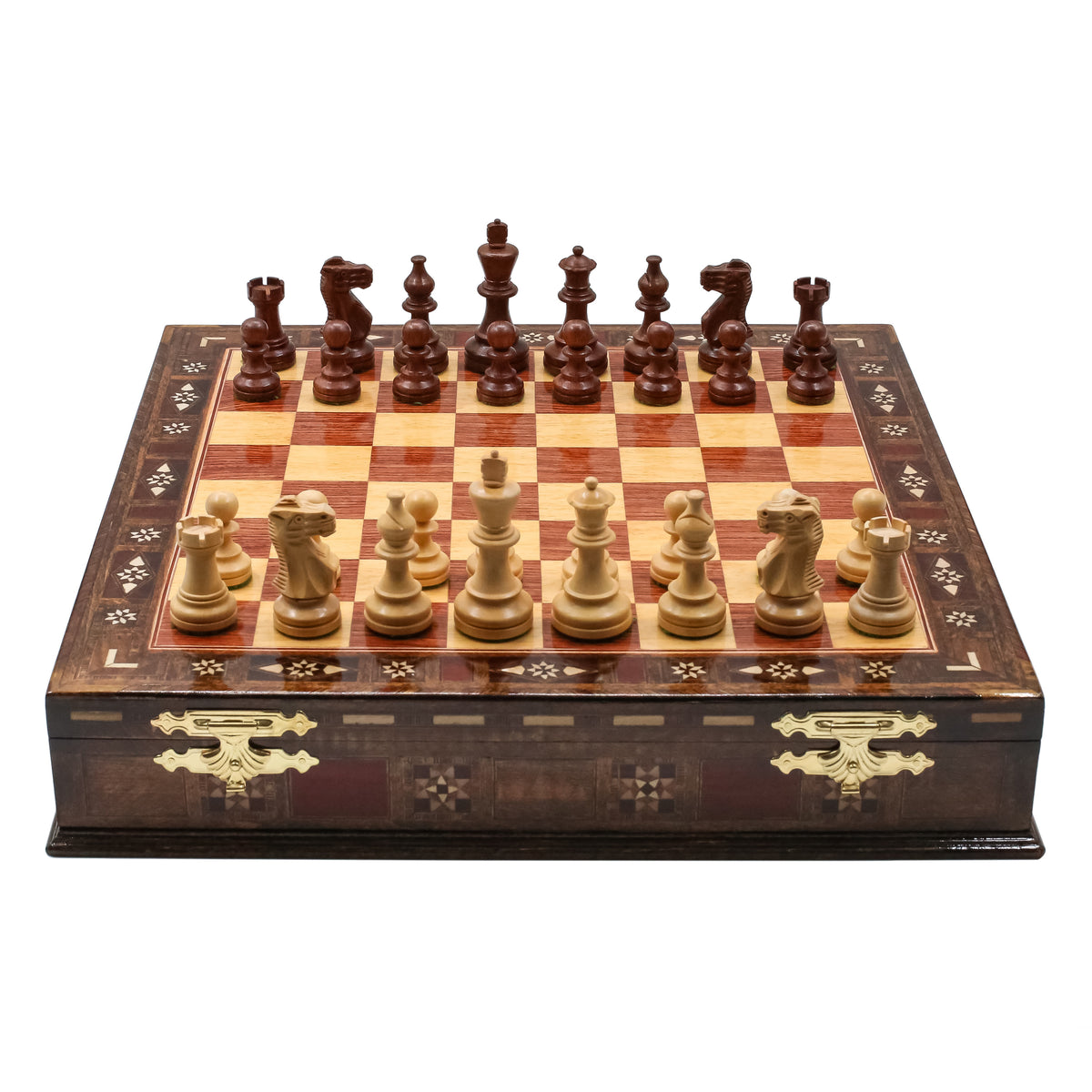 Handmade Inlay Storage Chess Set 38 CM (15") - Weighted German Staunton Pieces w/ Extra Queens