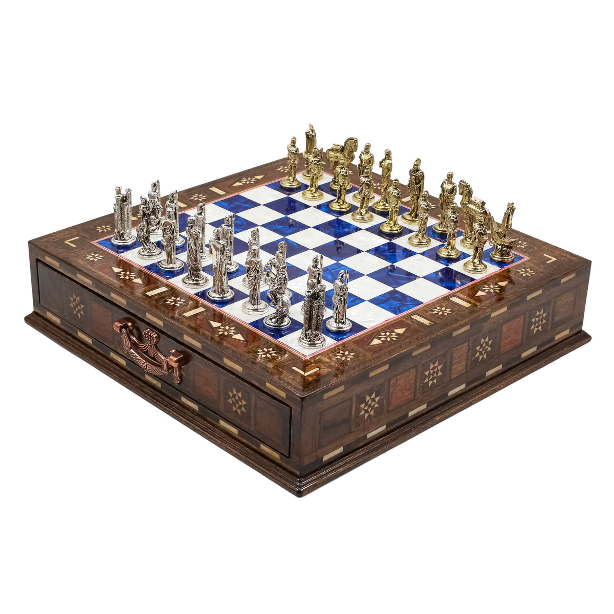 Handmade Inlay Chess Set with Drawer Storage 30 CM (12") - Die Cast Metal Pieces | Troy War Themed