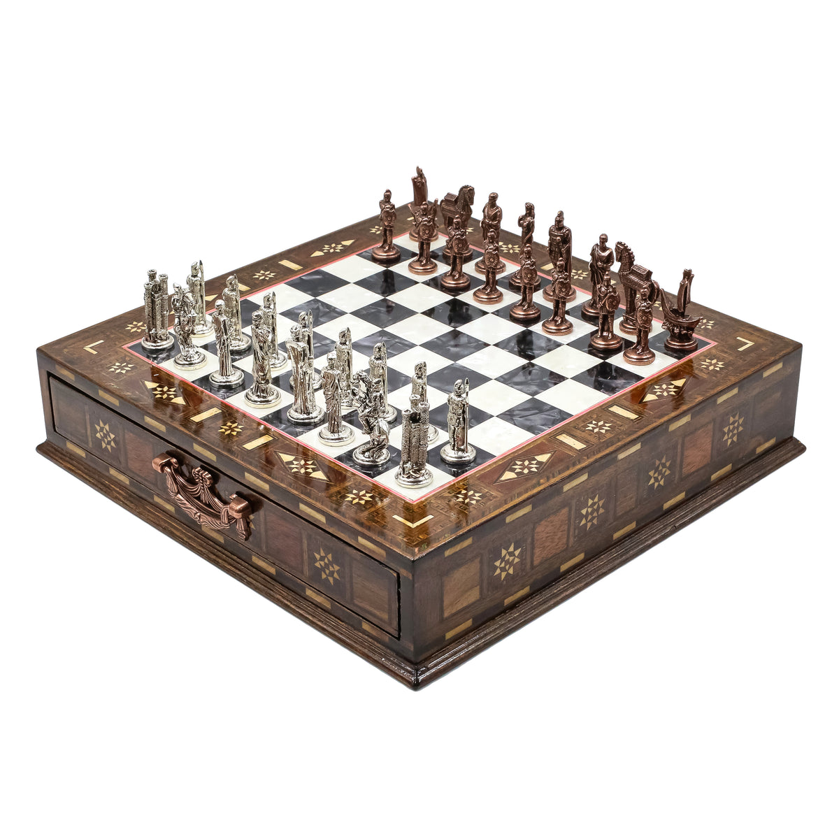 Handmade Inlay Chess Set with Drawer Storage 30 CM (12") - Die Cast Vintage Metal Pieces | Troy War Themed