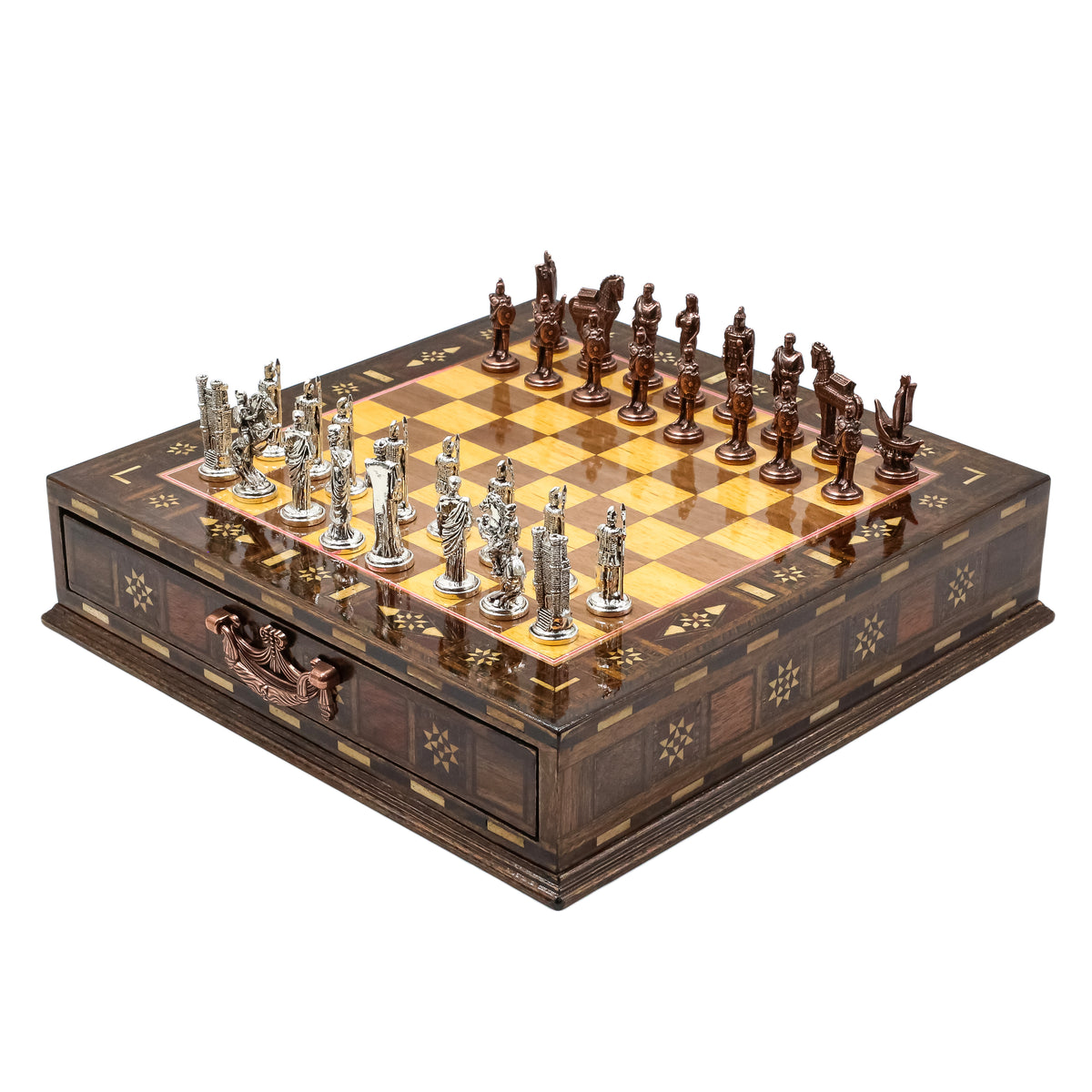 Handmade Inlay Chess Set with Drawer Storage 30 CM (12") - Die Cast Vintage Metal Pieces | Troy War Themed