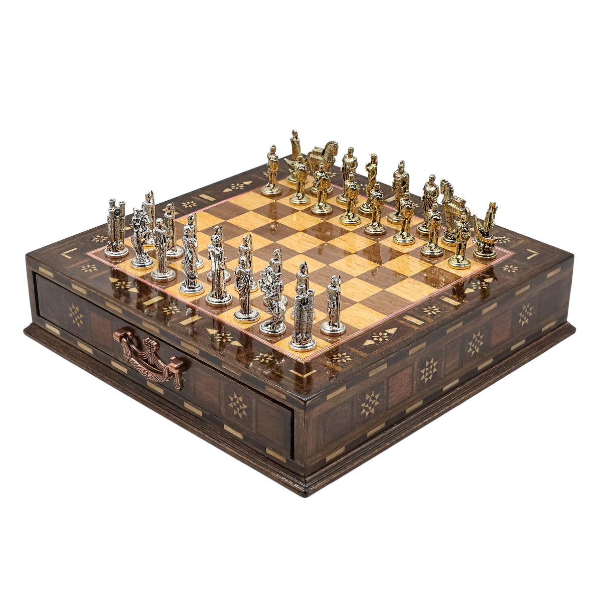 Handmade Inlay Chess Set with Drawer Storage 30 CM (12") - Die Cast Metal Pieces | Troy War Themed