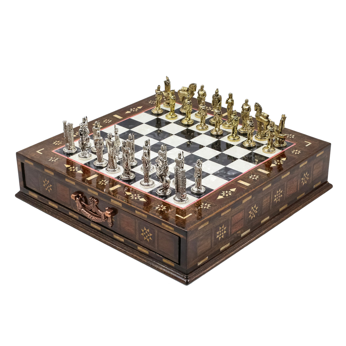 Handmade Inlay Chess Set with Drawer Storage 30 CM (12") - Die Cast Metal Pieces | Troy War Themed