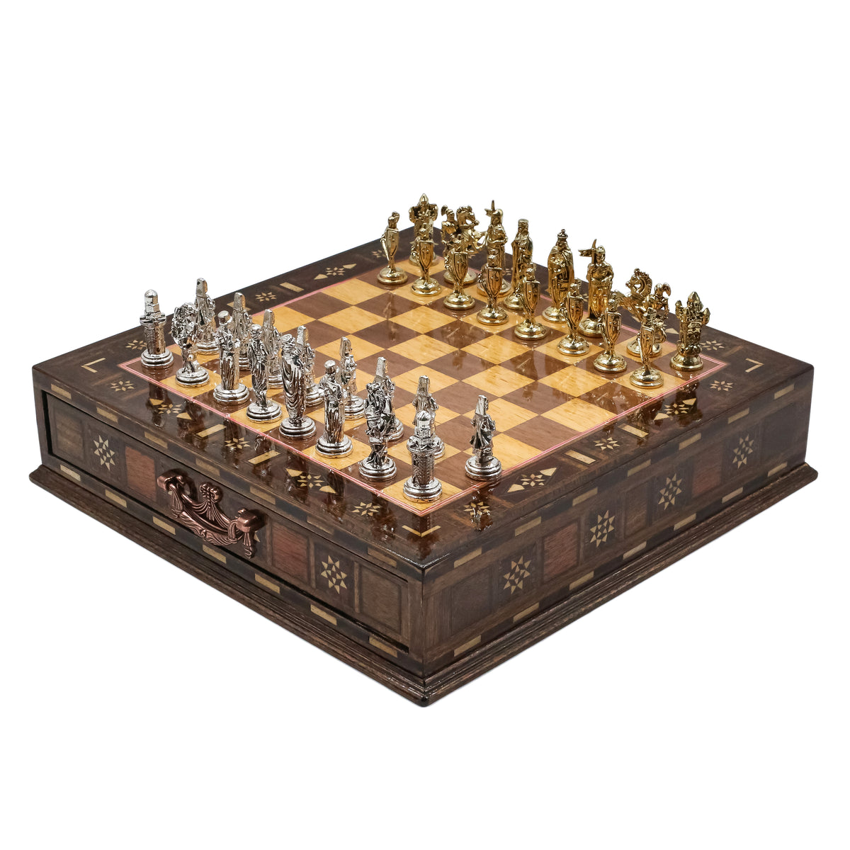 Handmade Inlay Chess Set with Drawer Storage 30 CM (12") - Die Cast Metal Pieces | Ottoman vs Byzantine War Themed