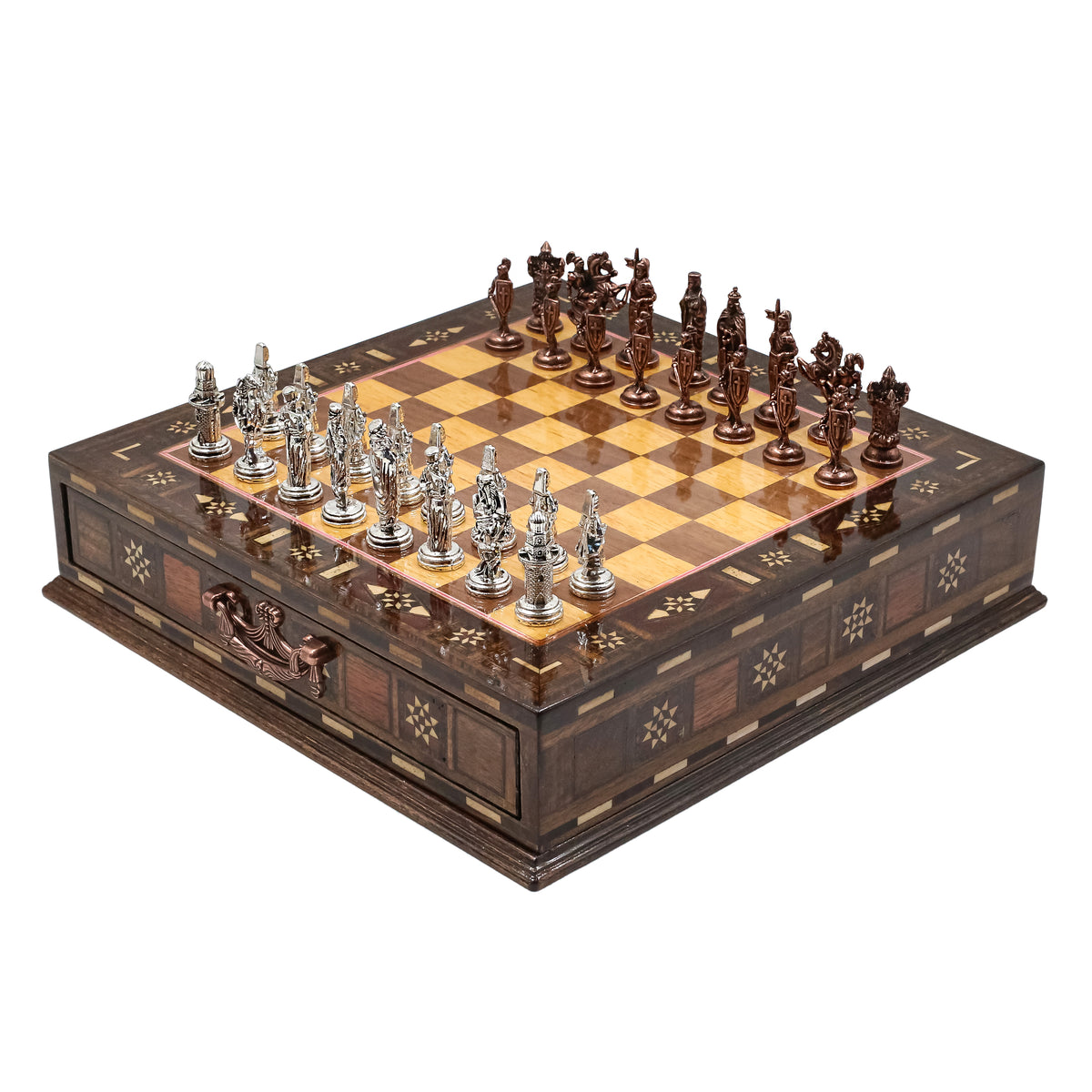 Handmade Inlay Chess Set with Drawer Storage 30 CM (12") - Die Cast Vintage Metal Pieces | Ottoman vs Byzantine War Themed