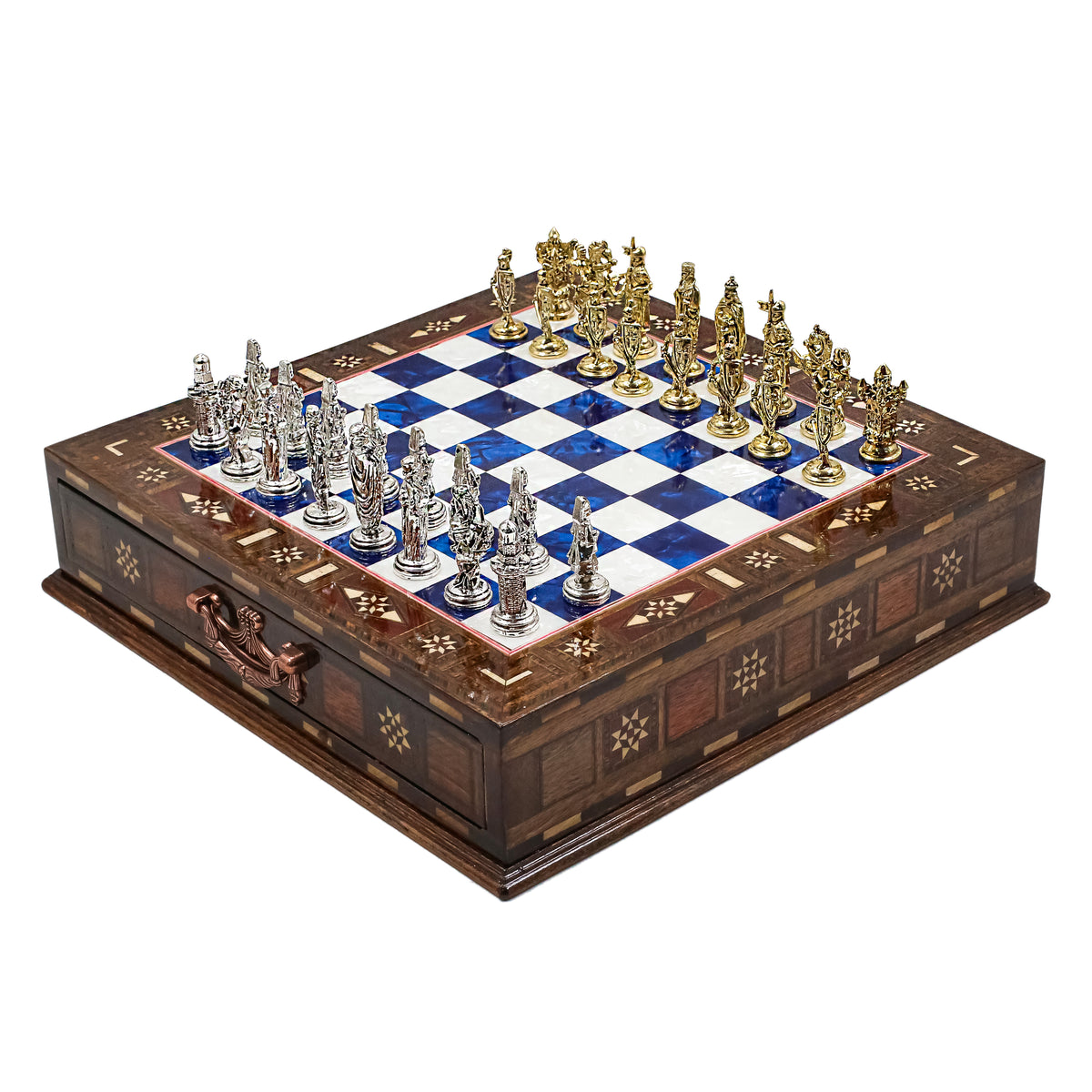 Handmade Inlay Chess Set with Drawer Storage 30 CM (12") - Die Cast Metal Pieces | Ottoman vs Byzantine War Themed