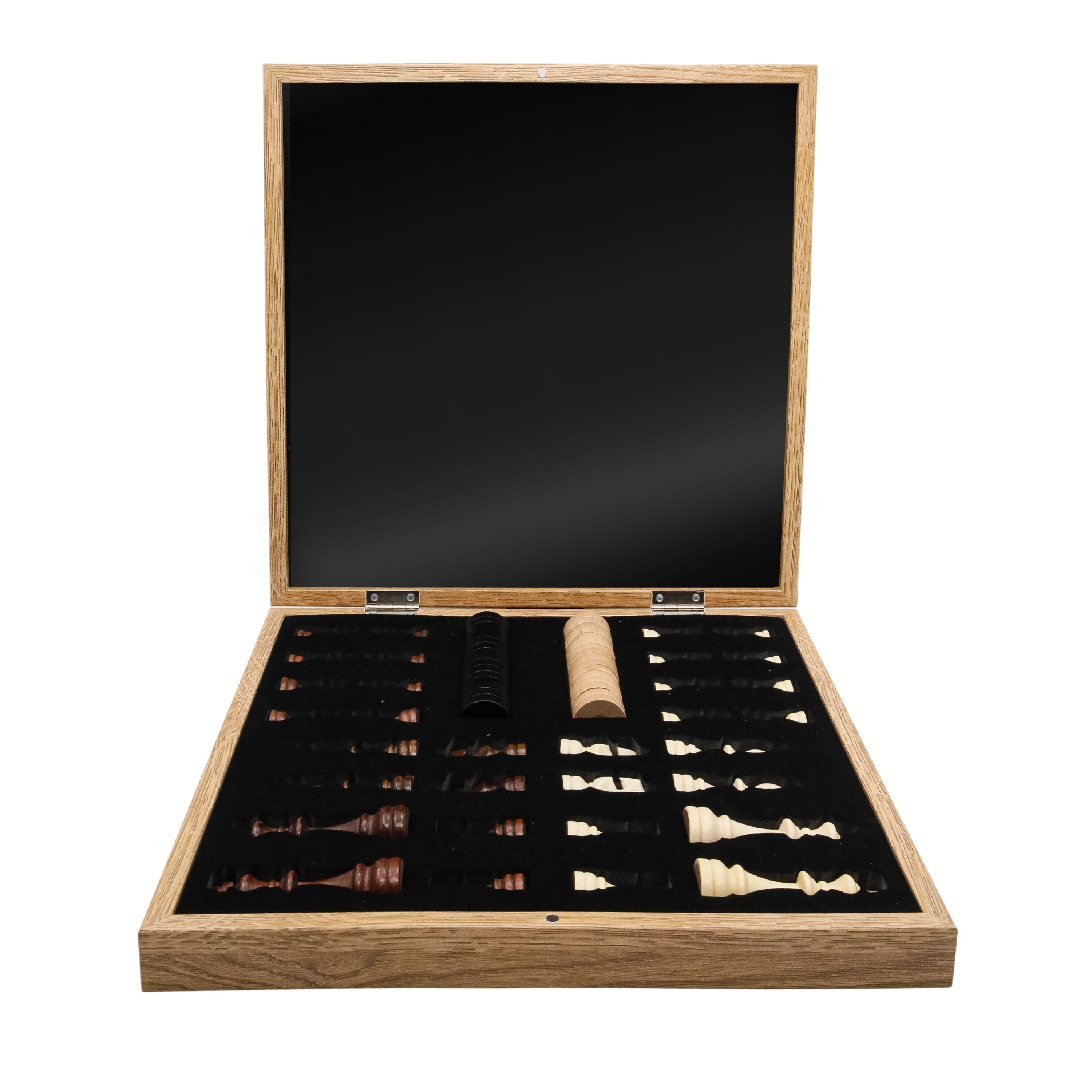 Wooden Storage Chess Set, Checkers, Draughts | 3in1 Game Set | 14 INCH (36CM) | Oak Colour