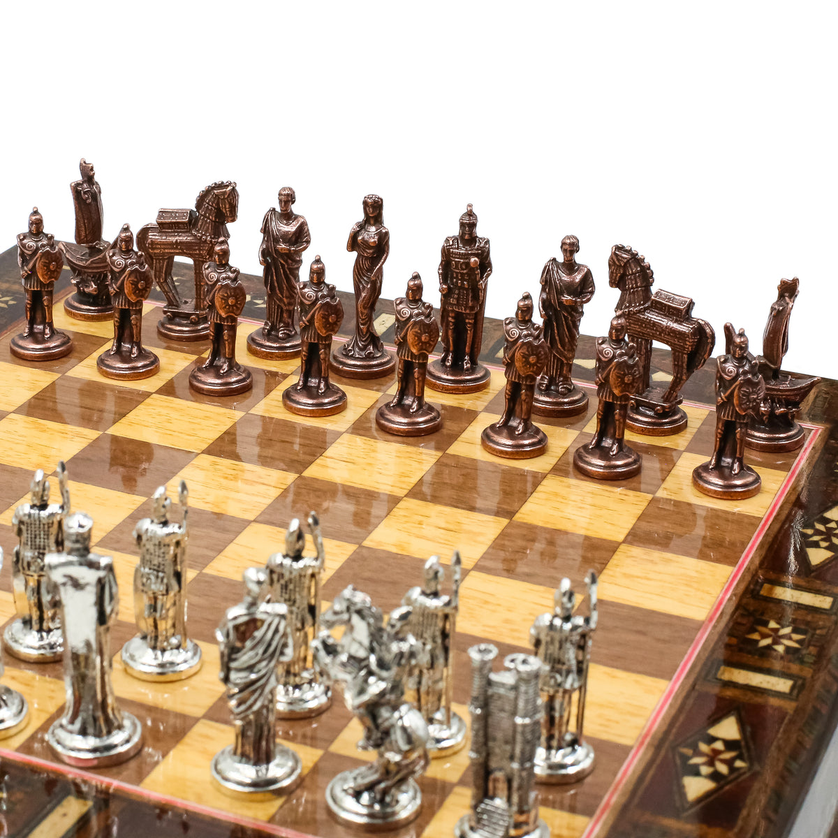 Handmade Inlay Chess Set with Drawer Storage 30 CM (12") - Die Cast Vintage Metal Pieces | Troy War Themed