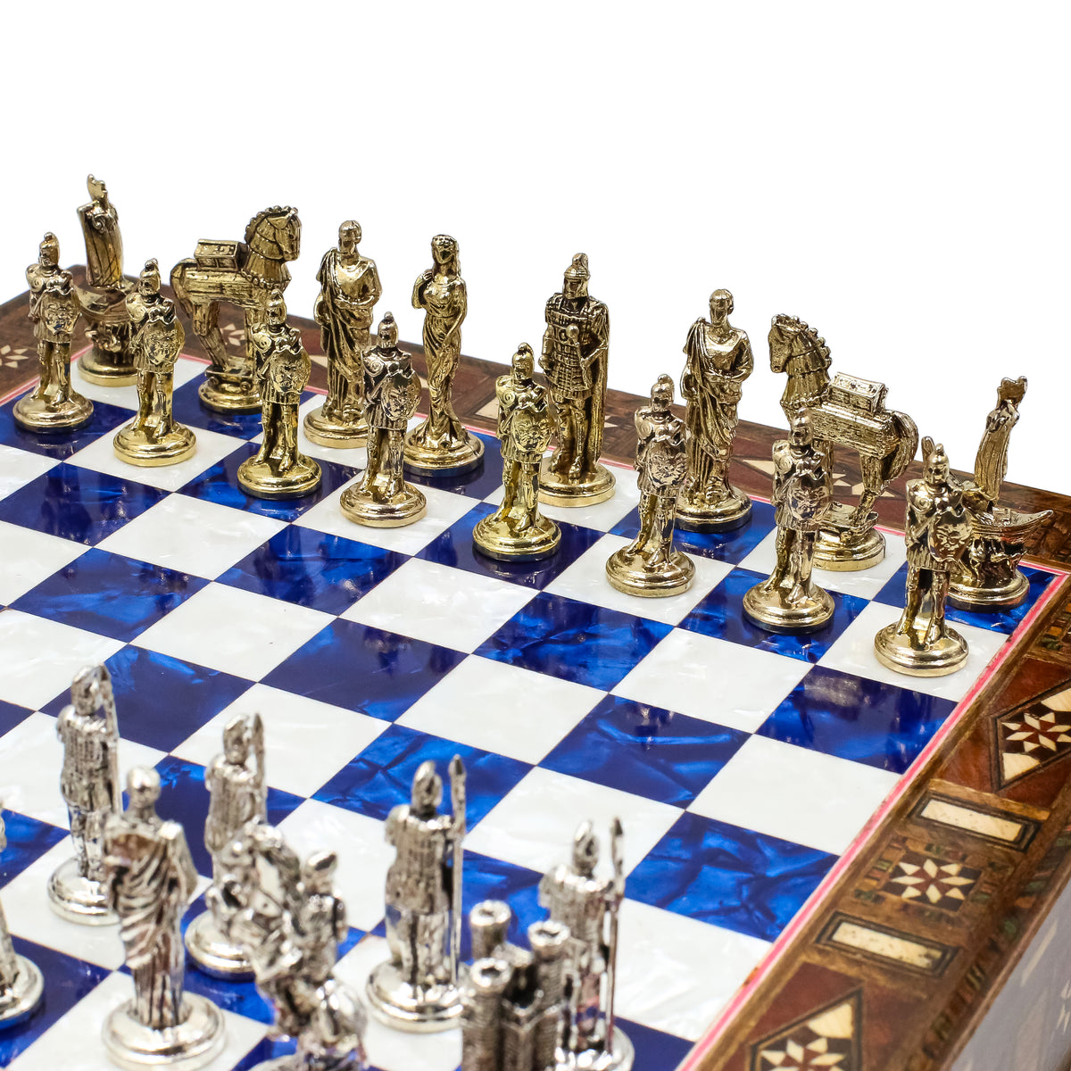 Handmade Inlay Chess Set with Drawer Storage 30 CM (12") - Die Cast Metal Pieces | Troy War Themed