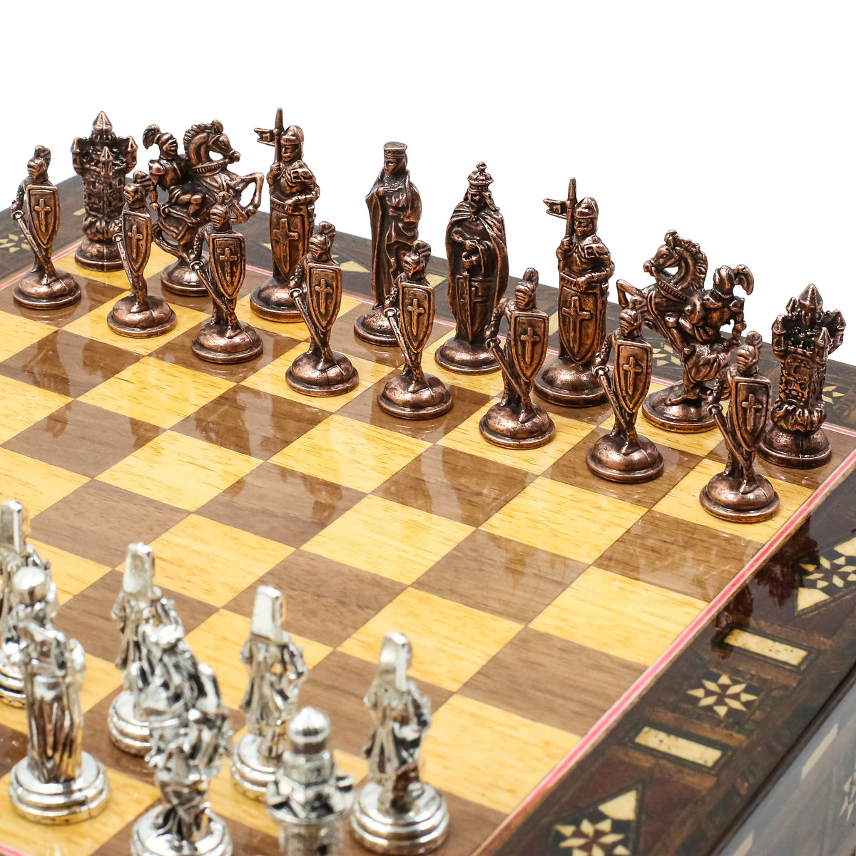 Handmade Inlay Chess Set with Drawer Storage 30 CM (12") - Die Cast Vintage Metal Pieces | Ottoman vs Byzantine War Themed
