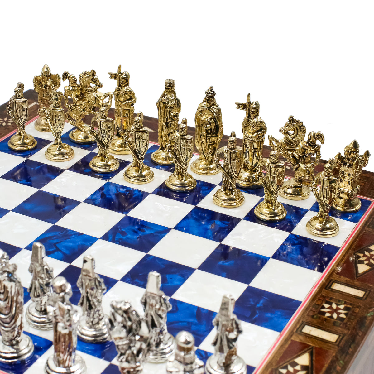 Handmade Inlay Chess Set with Drawer Storage 30 CM (12") - Die Cast Metal Pieces | Ottoman vs Byzantine War Themed
