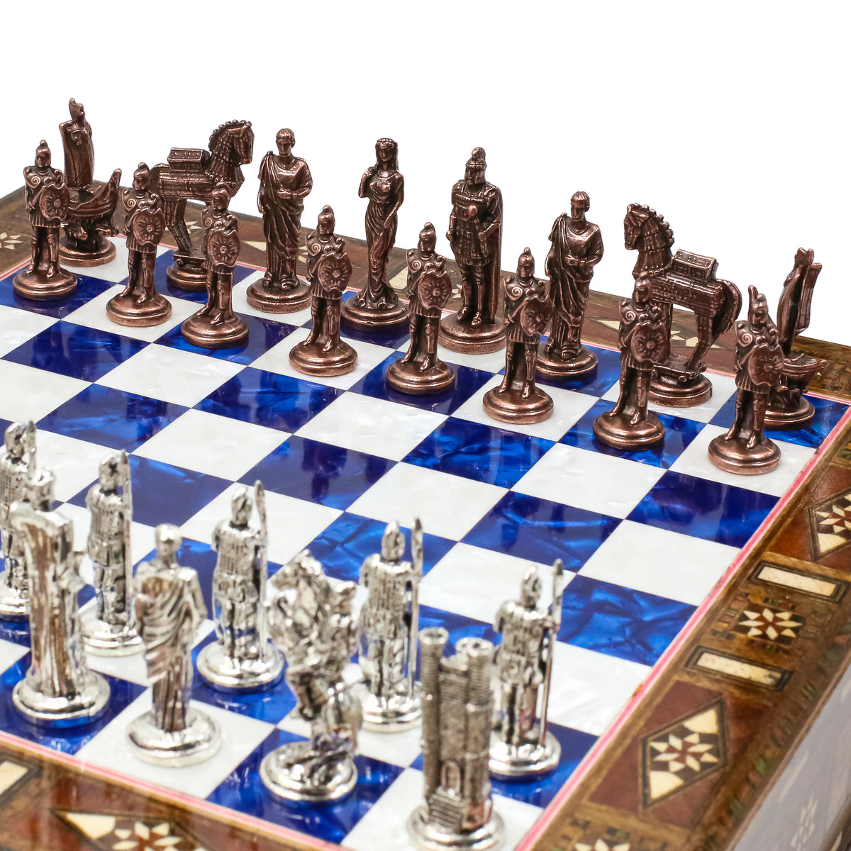 Handmade Inlay Chess Set with Drawer Storage 30 CM (12") - Die Cast Vintage Metal Pieces | Troy War Themed