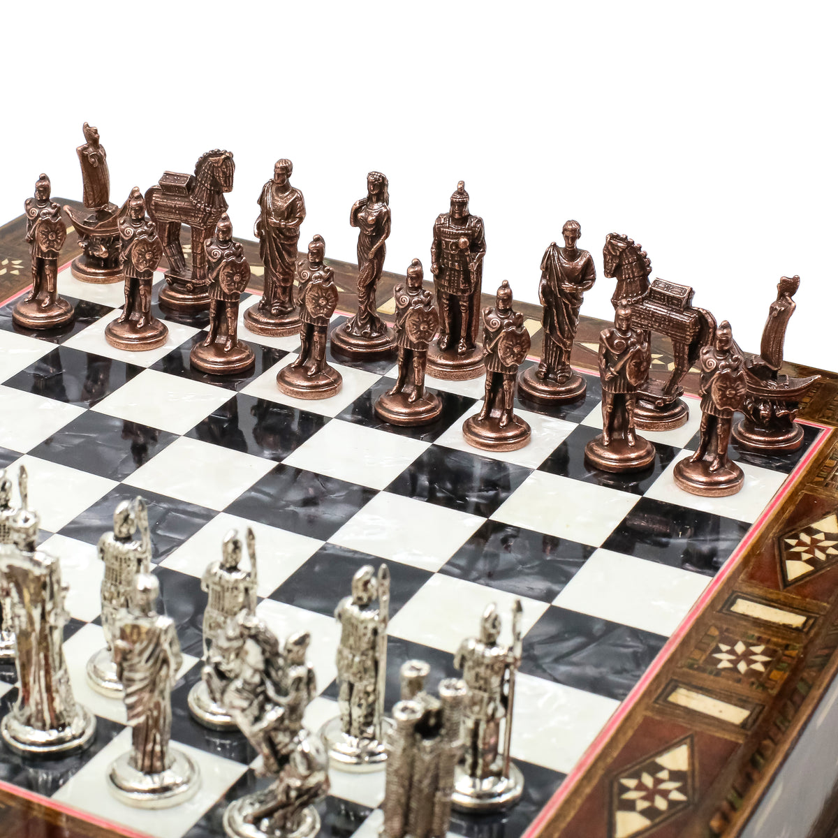 Handmade Inlay Chess Set with Drawer Storage 30 CM (12") - Die Cast Vintage Metal Pieces | Troy War Themed