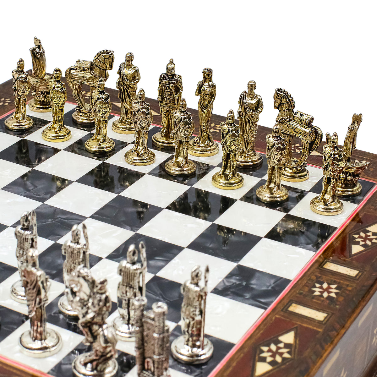 Handmade Inlay Chess Set with Drawer Storage 30 CM (12") - Die Cast Metal Pieces | Troy War Themed