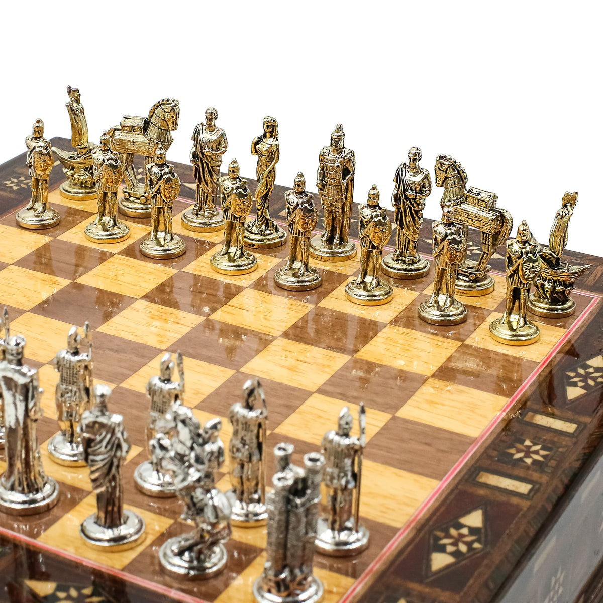 Handmade Inlay Chess Set with Drawer Storage 30 CM (12") - Die Cast Metal Pieces | Troy War Themed