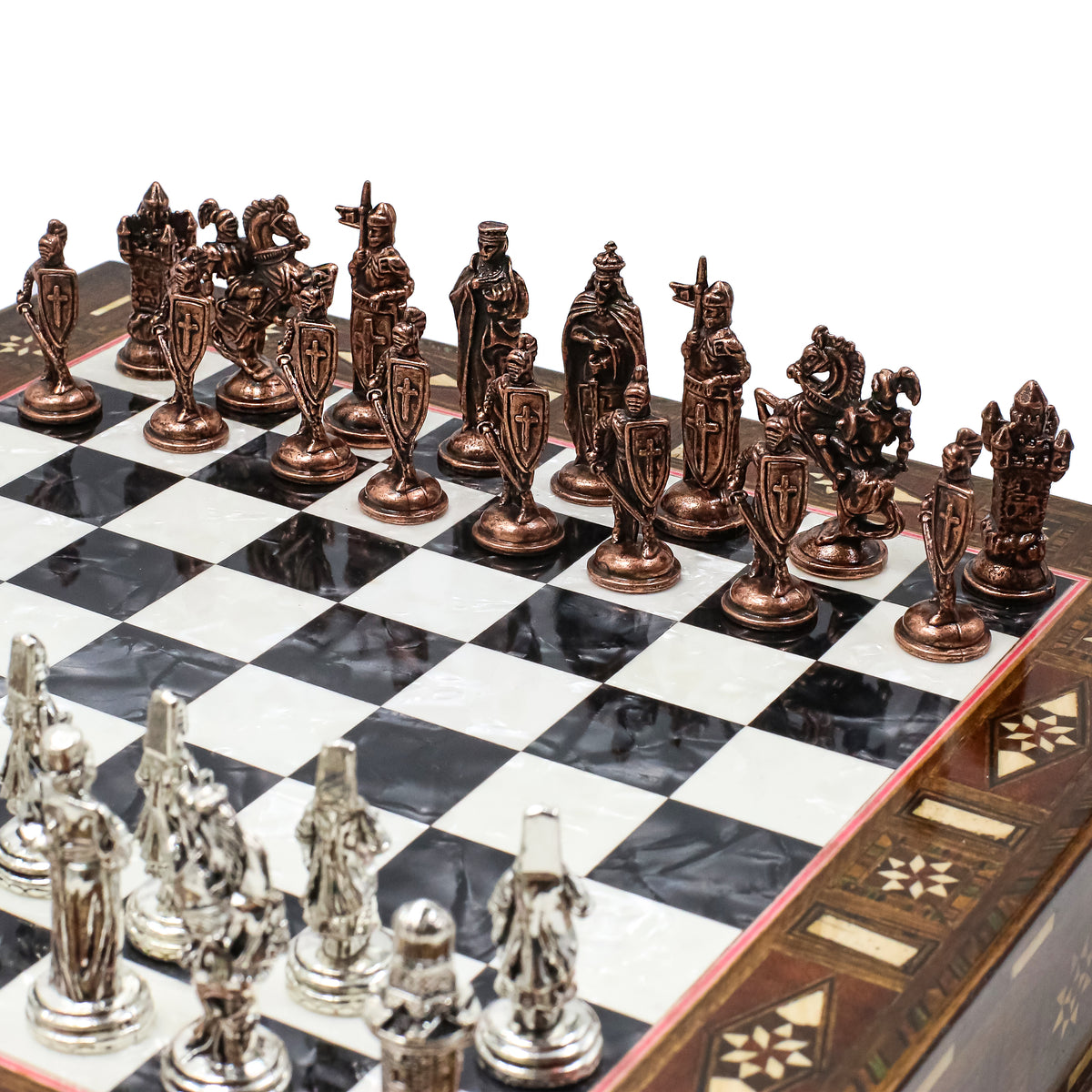 Handmade Inlay Chess Set with Drawer Storage 30 CM (12") - Die Cast Vintage Metal Pieces | Ottoman vs Byzantine War Themed