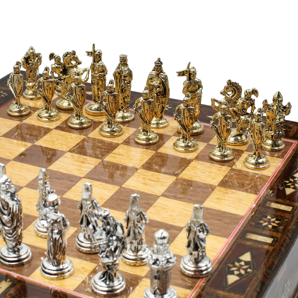 Handmade Inlay Chess Set with Drawer Storage 30 CM (12") - Die Cast Metal Pieces | Ottoman vs Byzantine War Themed