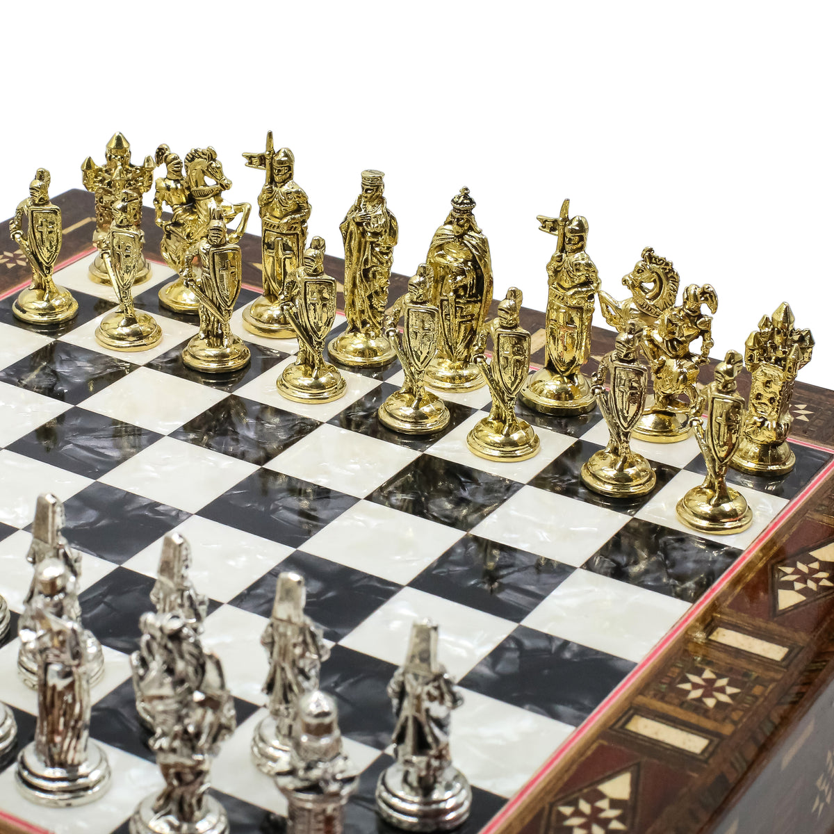 Handmade Inlay Chess Set with Drawer Storage 30 CM (12") - Die Cast Metal Pieces | Ottoman vs Byzantine War Themed