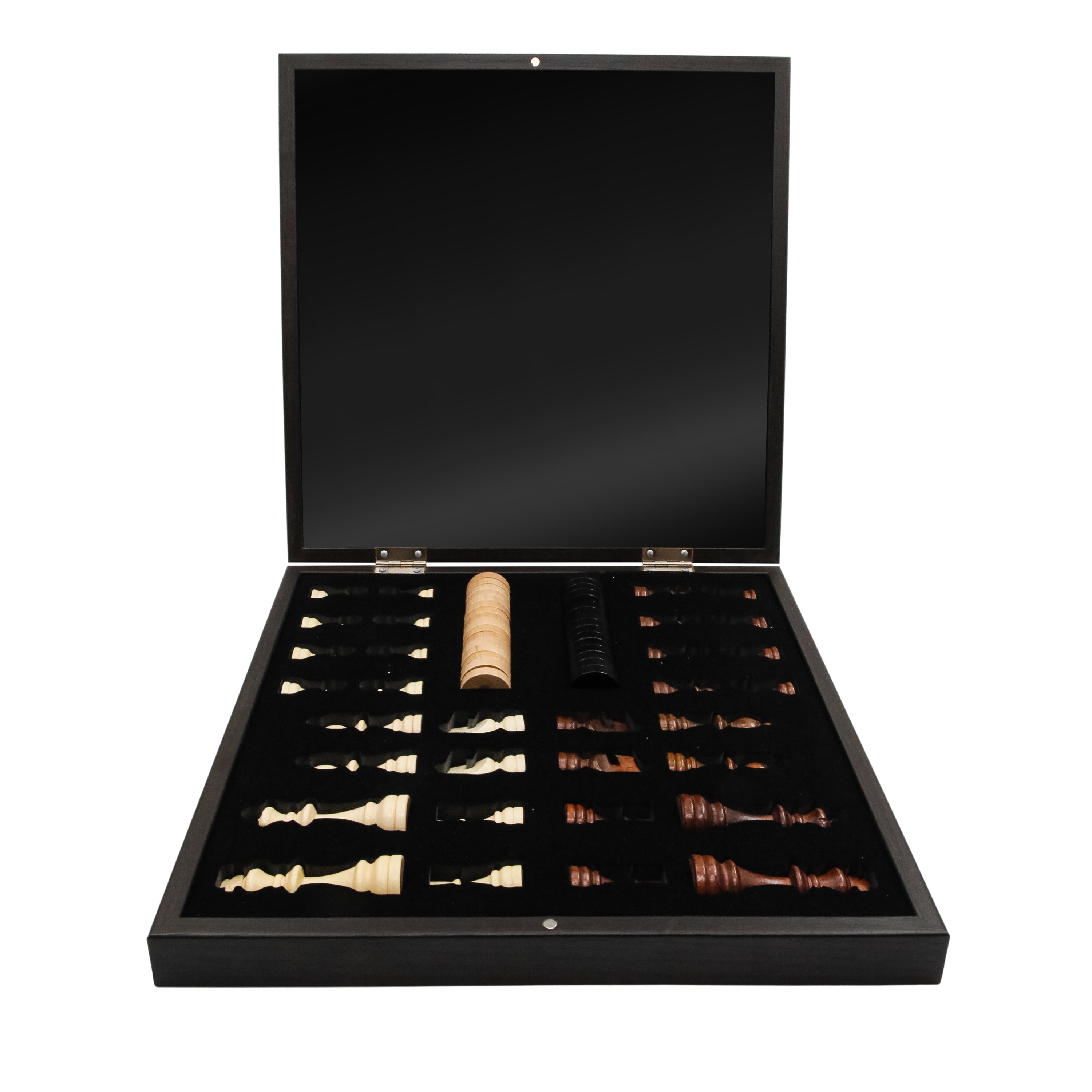 Wooden Storage Chess Set, Checkers, Draughts | 3in1 Game Set | 14 INCH (36CM) | Walnut Colour
