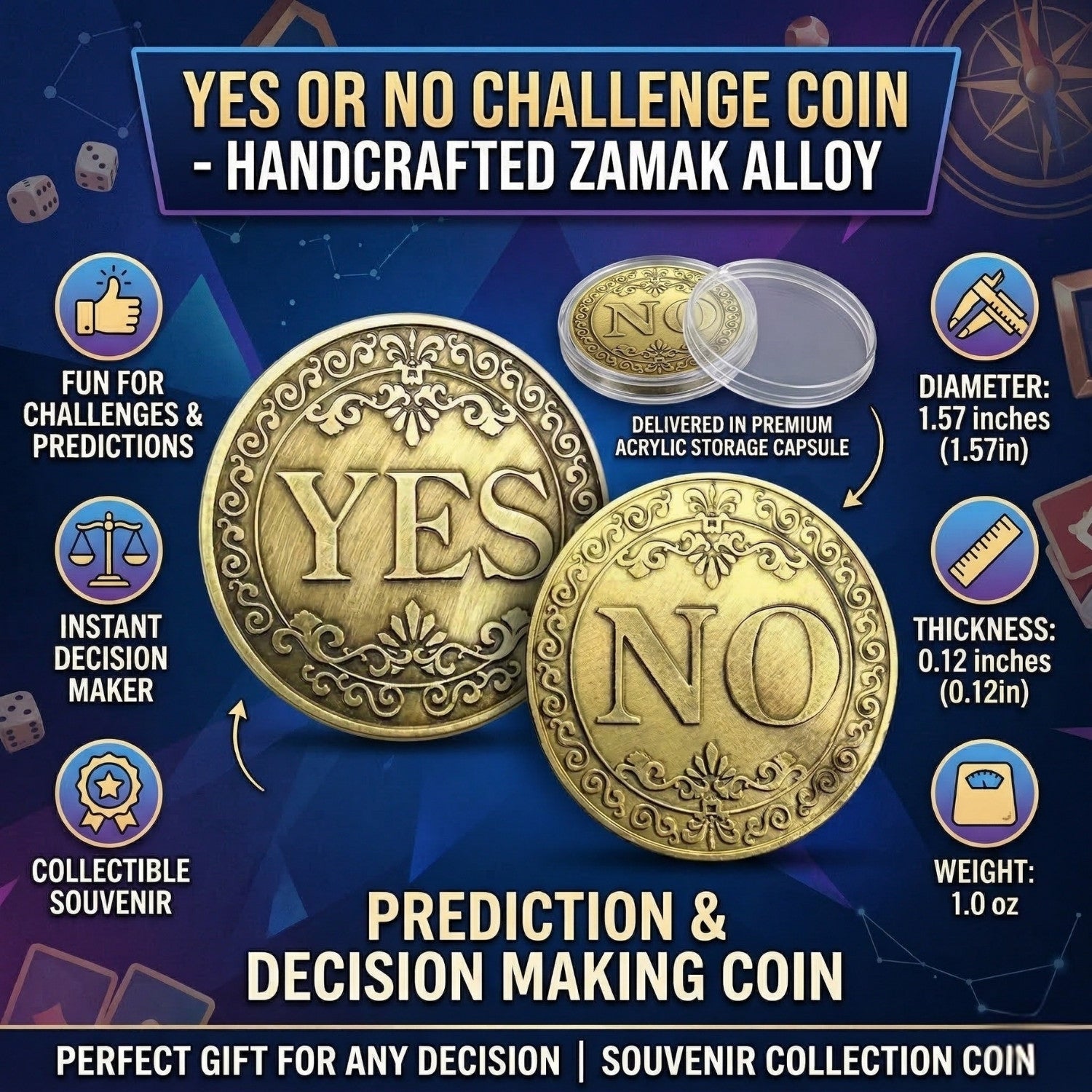 Yes No Decision Coin – Metal Flip Coin for Quick Choices – Gold, Silver & Bronze Finish – Fun Gift for Chess Players, Thinkers & Everyday Decisions