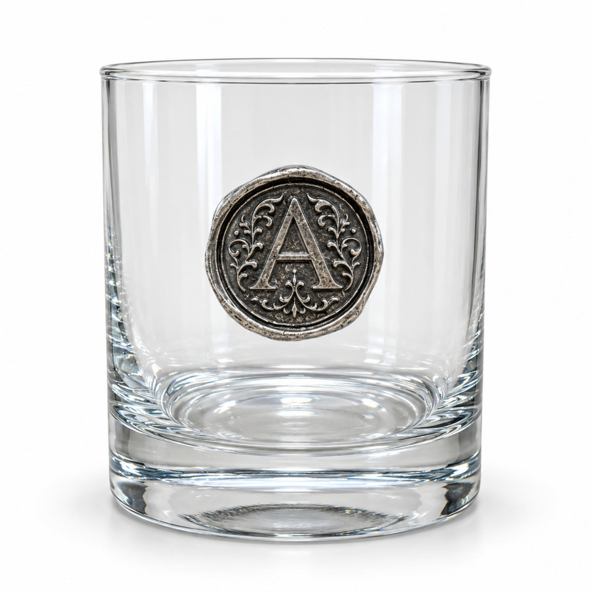 Personalised Monogram Whisky Glass with Antique Silver Finish Metal Initial