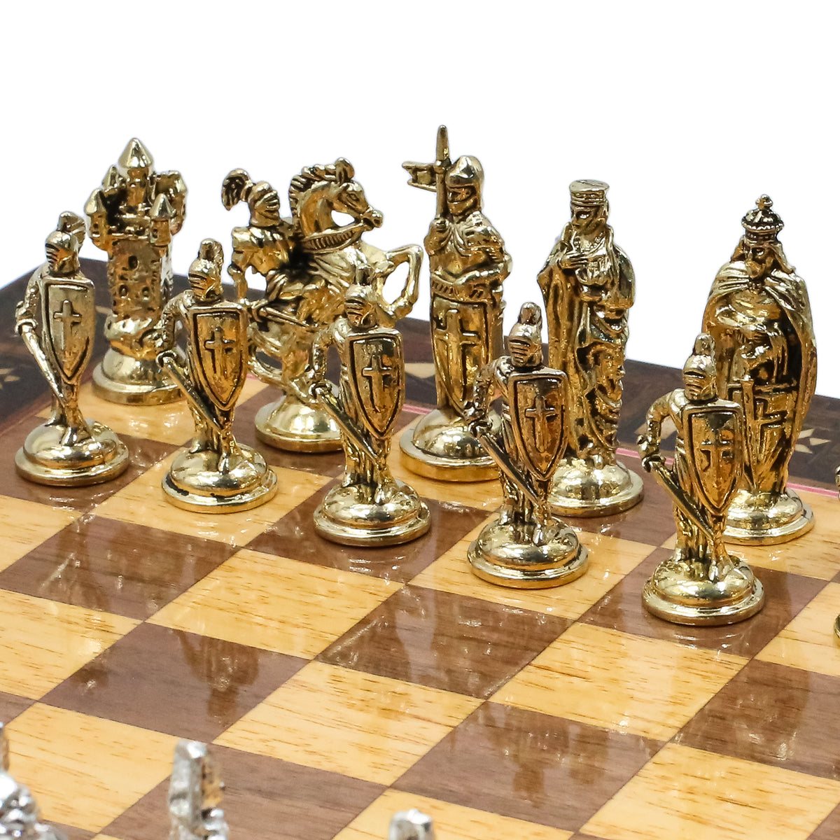 Handmade Inlay Chess Set with Drawer Storage 30 CM (12") - Die Cast Metal Pieces | Ottoman vs Byzantine War Themed
