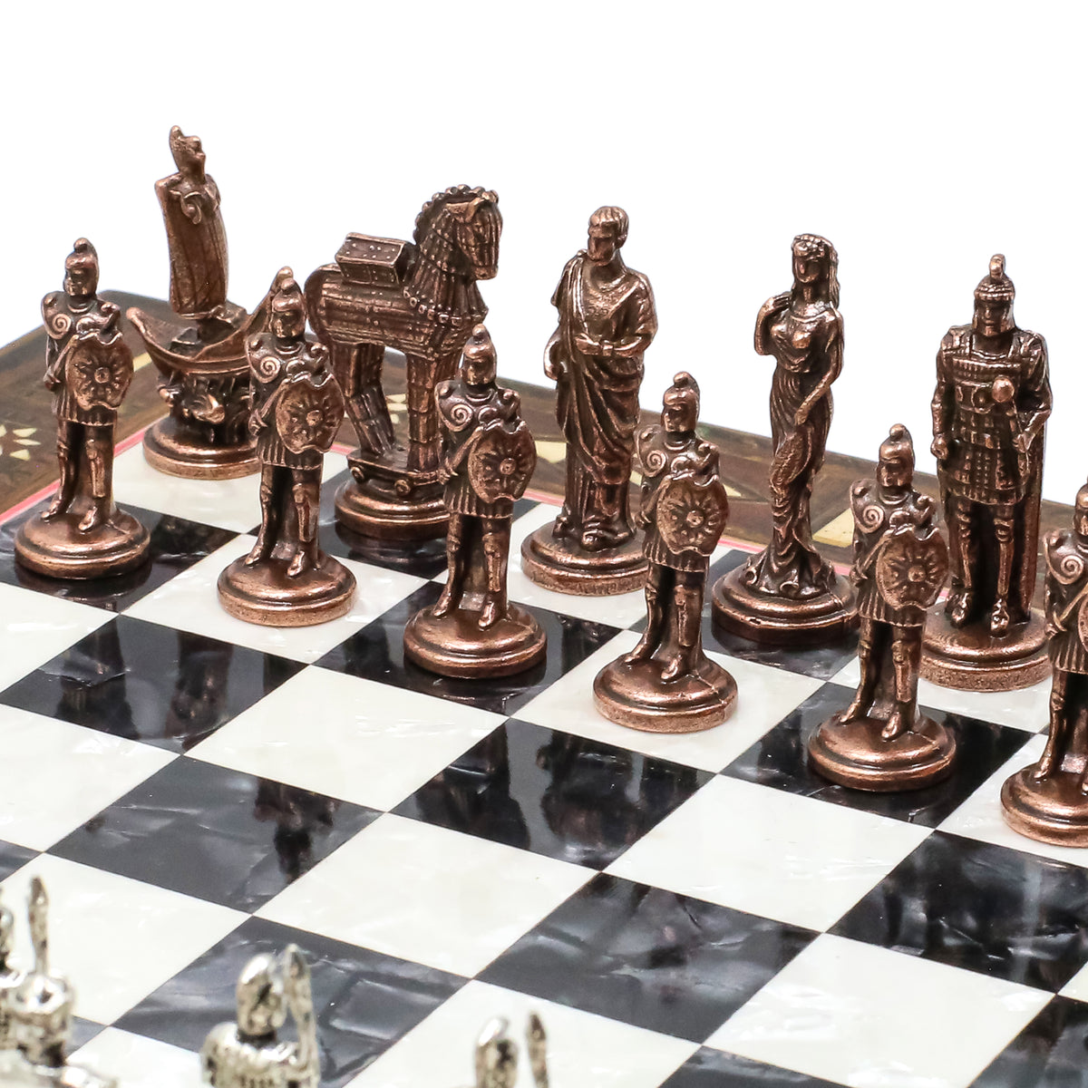 Handmade Inlay Chess Set with Drawer Storage 30 CM (12") - Die Cast Vintage Metal Pieces | Troy War Themed