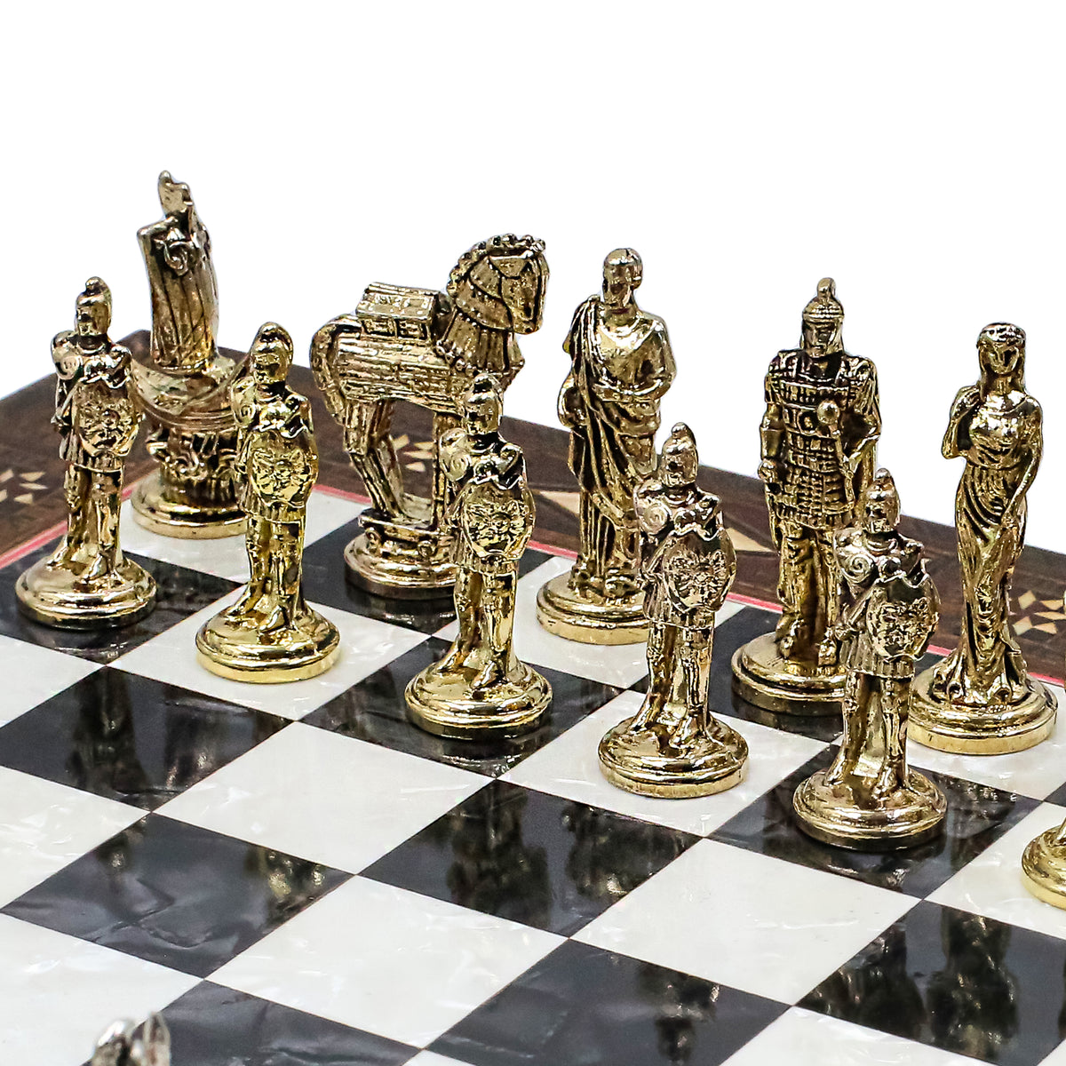 Handmade Inlay Chess Set with Drawer Storage 30 CM (12") - Die Cast Metal Pieces | Troy War Themed