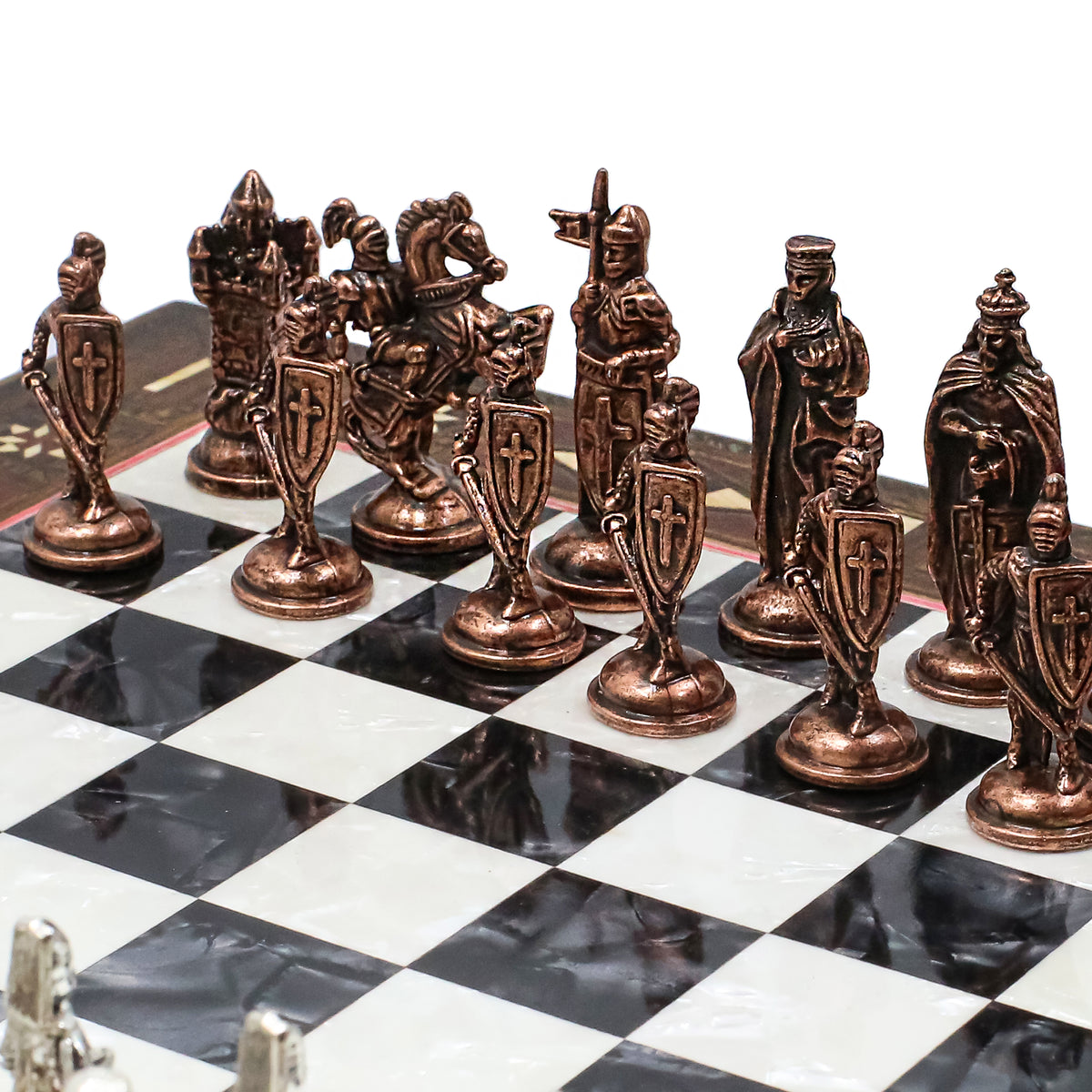 Handmade Inlay Chess Set with Drawer Storage 30 CM (12") - Die Cast Vintage Metal Pieces | Ottoman vs Byzantine War Themed