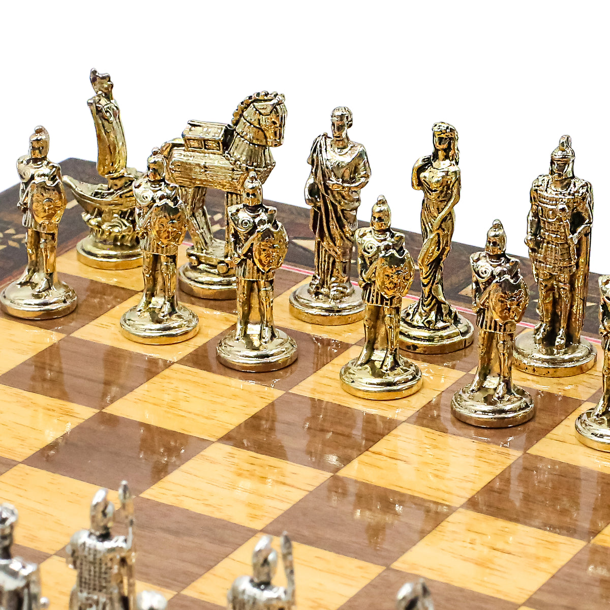 Handmade Inlay Chess Set with Drawer Storage 30 CM (12") - Die Cast Metal Pieces | Troy War Themed