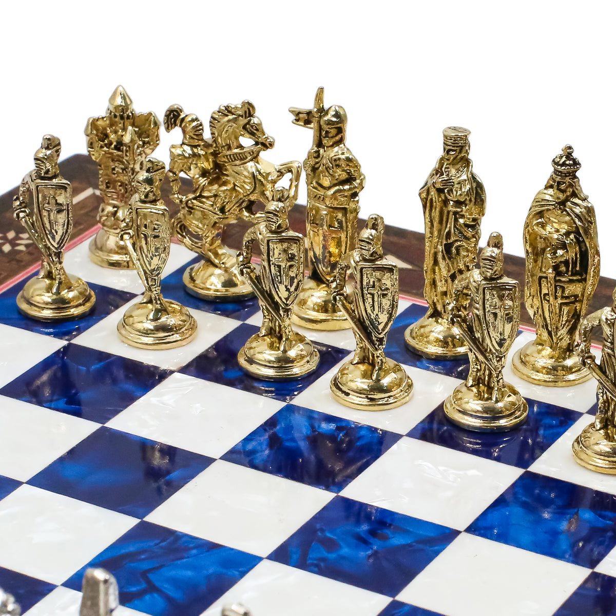 Handmade Inlay Chess Set with Drawer Storage 30 CM (12") - Die Cast Metal Pieces | Ottoman vs Byzantine War Themed