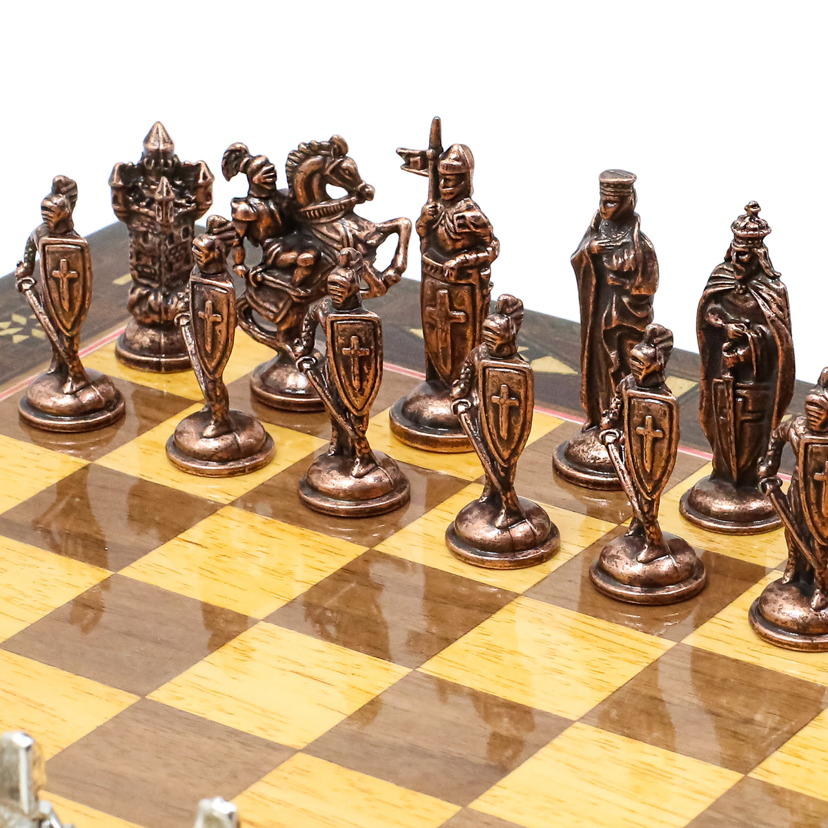 Handmade Inlay Chess Set with Drawer Storage 30 CM (12") - Die Cast Vintage Metal Pieces | Ottoman vs Byzantine War Themed