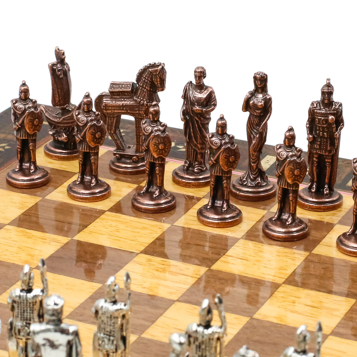 Handmade Inlay Chess Set with Drawer Storage 30 CM (12") - Die Cast Vintage Metal Pieces | Troy War Themed