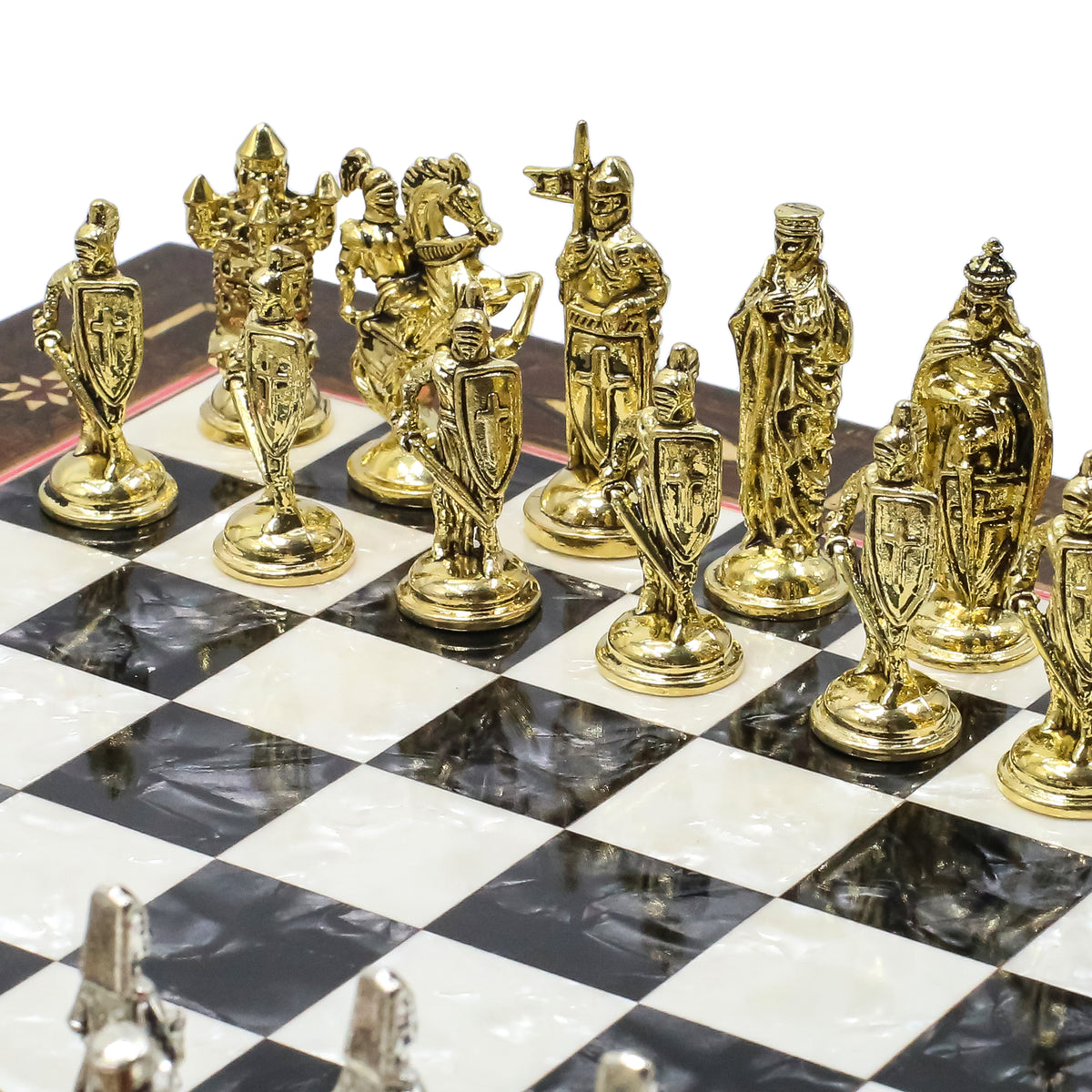Handmade Inlay Chess Set with Drawer Storage 30 CM (12") - Die Cast Metal Pieces | Ottoman vs Byzantine War Themed