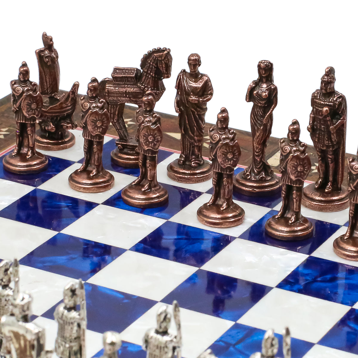 Handmade Inlay Chess Set with Drawer Storage 30 CM (12") - Die Cast Vintage Metal Pieces | Troy War Themed