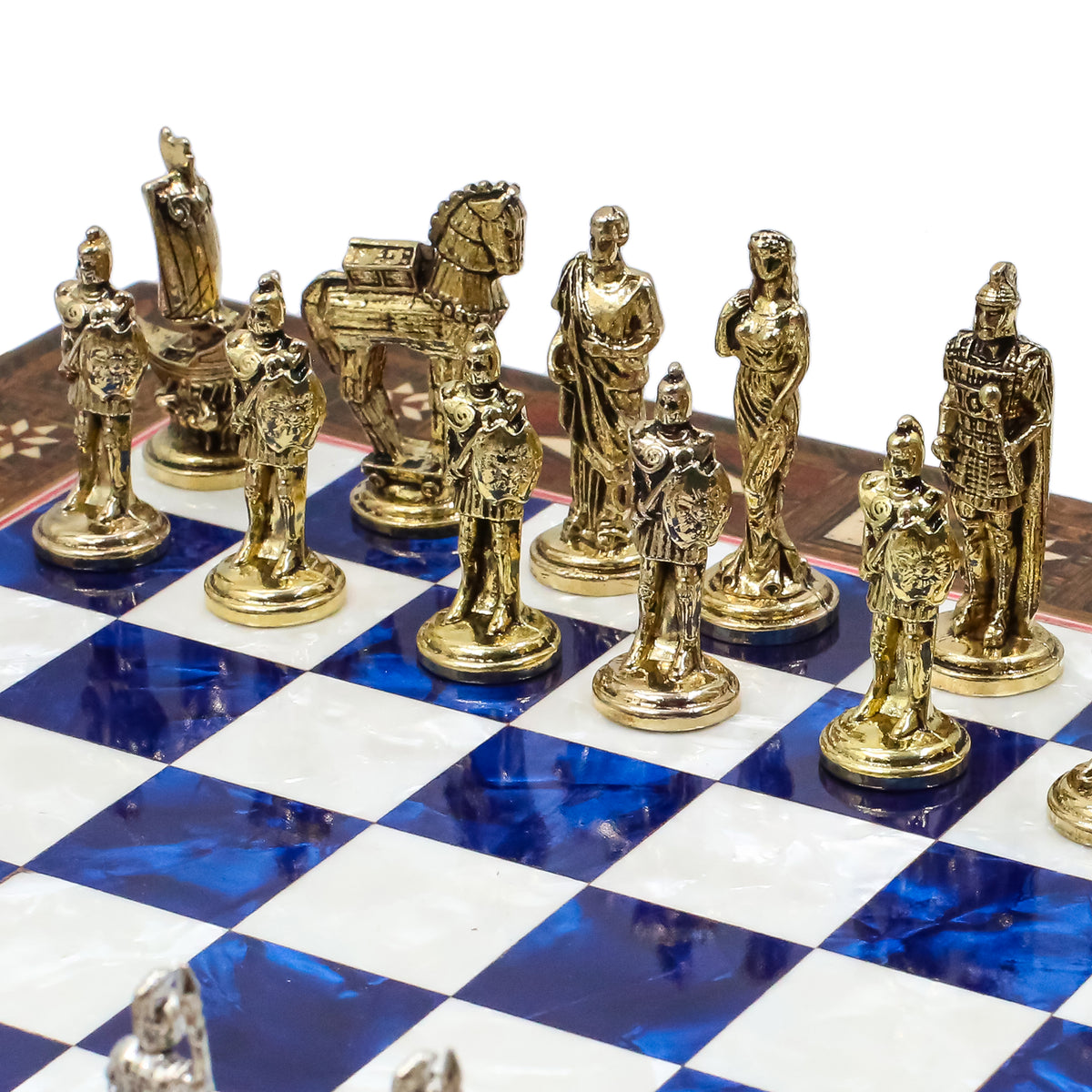 Handmade Inlay Chess Set with Drawer Storage 30 CM (12") - Die Cast Metal Pieces | Troy War Themed