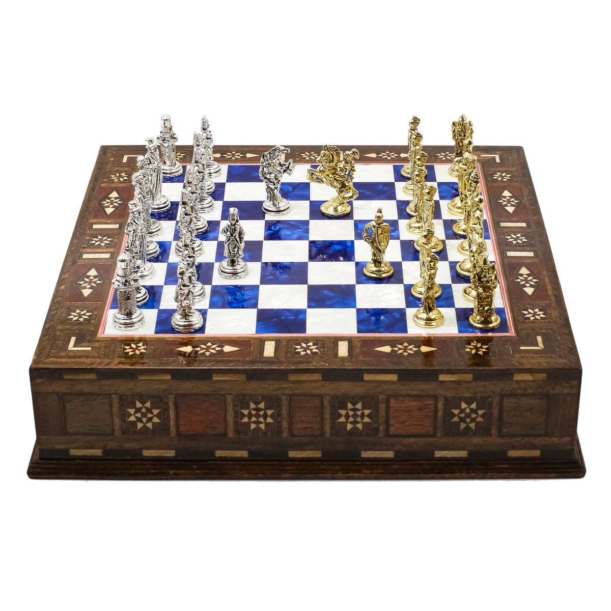 Handmade Inlay Chess Set with Drawer Storage 30 CM (12") - Die Cast Metal Pieces | Ottoman vs Byzantine War Themed