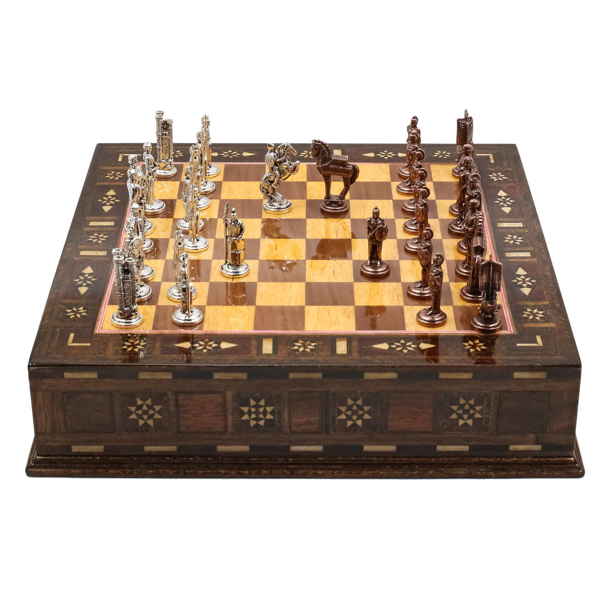 Handmade Inlay Chess Set with Drawer Storage 30 CM (12") - Die Cast Vintage Metal Pieces | Troy War Themed
